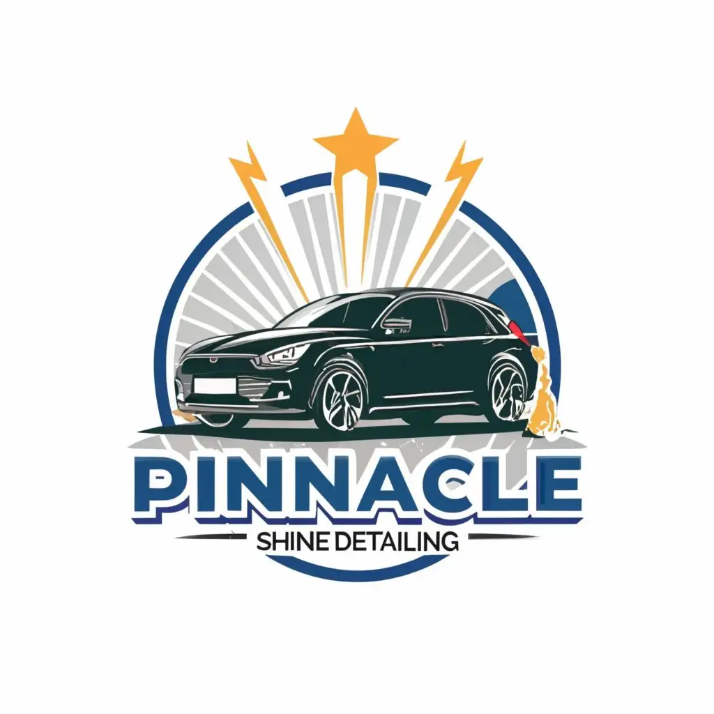 logo, Car being washed by a person, with the text ""Pinnacle" "Shine" "Detailing"", typography