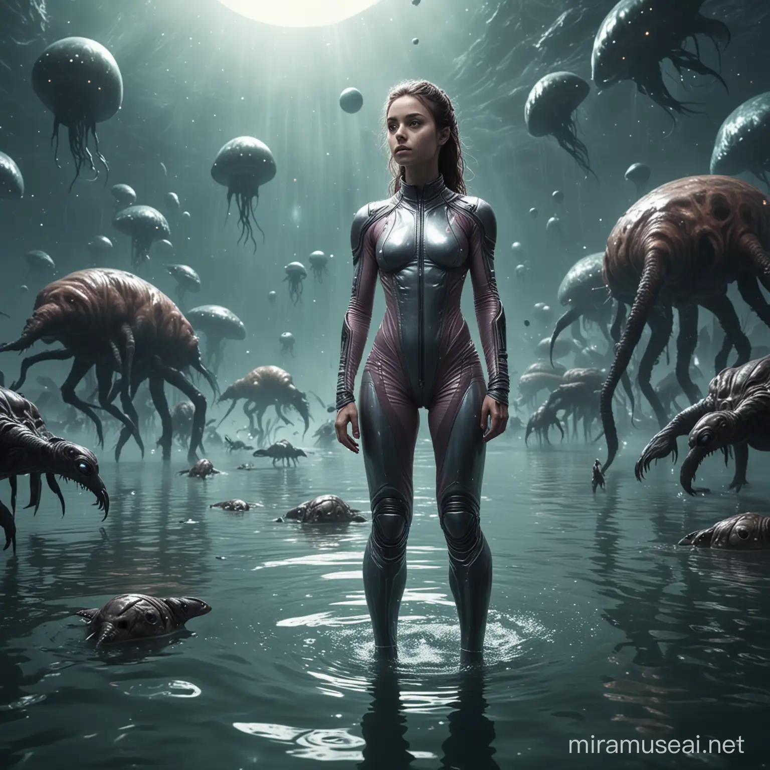 petite female in tight space clothing on a strange planet, floating in water, alien animals stir about, full body