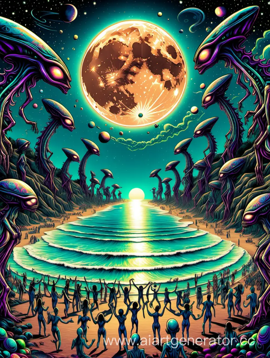background for flyer, digital art, fullmoon view, beach party, ALIENS dance, humans dance, openair, psytrance, psychedelic art