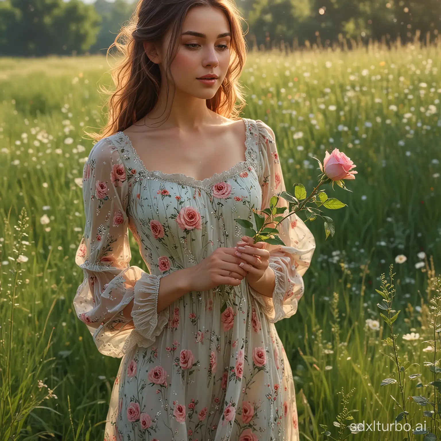 Oil painting, girl holding a single rose, very delicate and soft lighting, details, Ultra HD, 8k, animated film, soft floral dress, walking through a meadow full of wide green grass,Beautiful girl ,glitter,FilmGirl