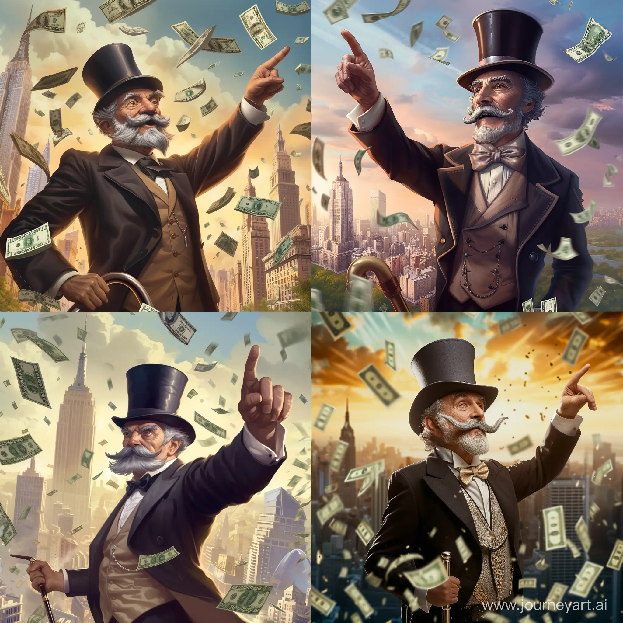 Elderly-Gentleman-in-Top-Hat-Pointing-to-Cityscape-with-Money-Falling