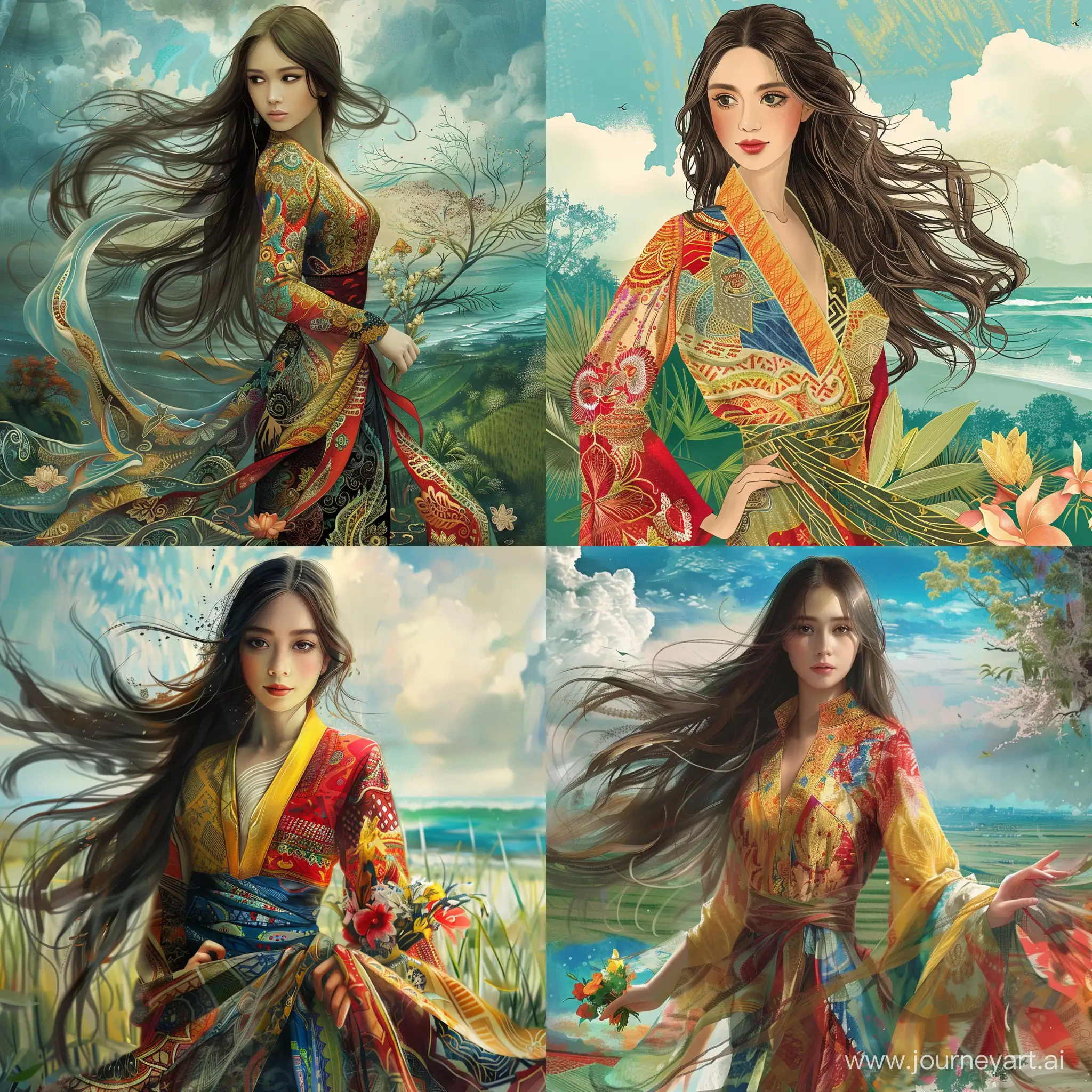 Graceful-Indonesian-Woman-in-Vibrant-Batik-Clothing-against-Scenic-Background