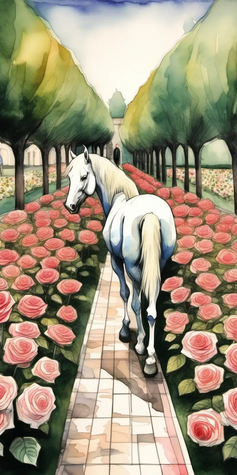 The most beautiful rose garden, with rows of roses in different colors, a beautiful white pony promenading on the grass, a slim teenage boy watches it from distance, watercolors, modern art, Jackson Pollok style 