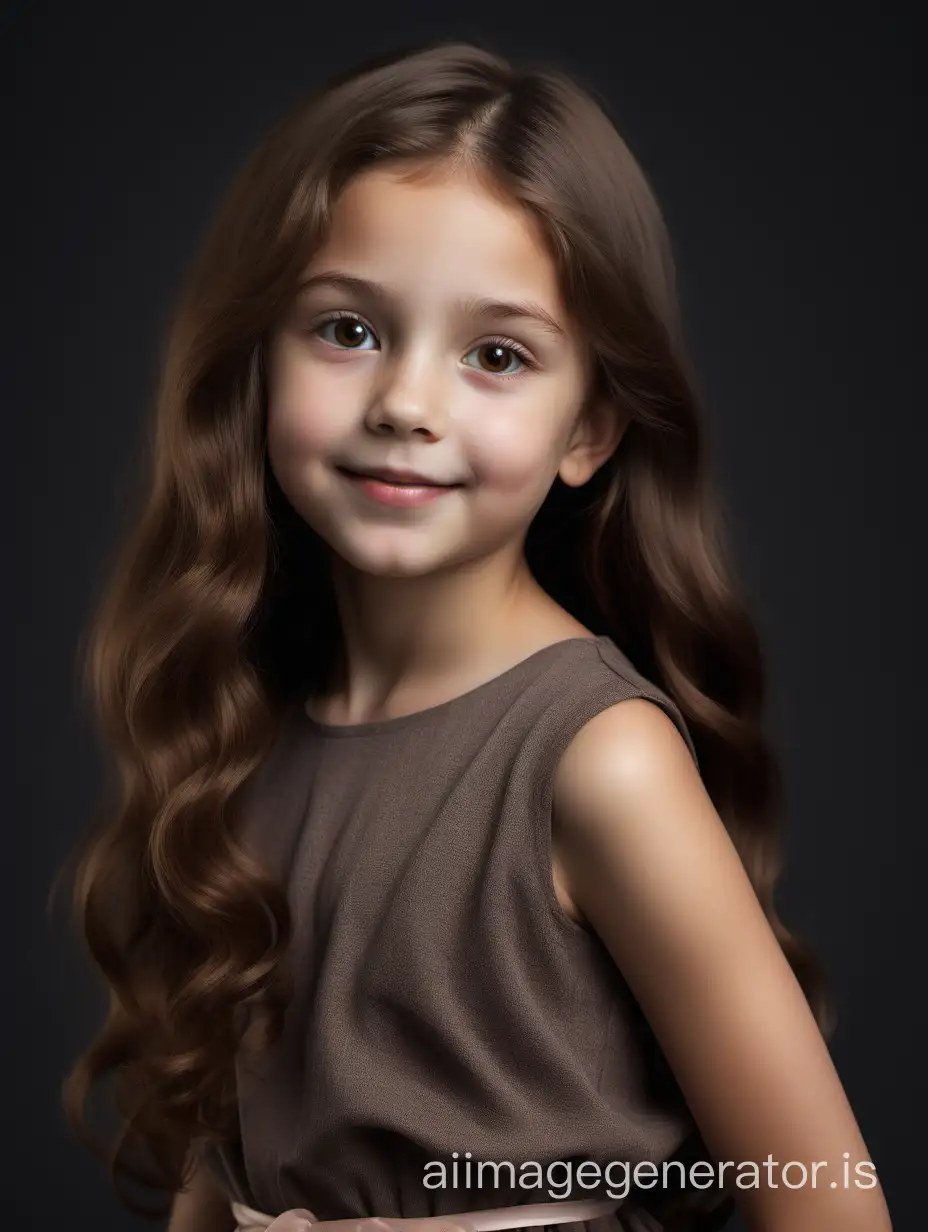 This 10-year-old girl has a slender body with graceful proportions. She has a round head with soft facial features. Her round eyes, hazel in color, radiate joy and curiosity. Her small nose is slightly upturned, giving her a friendly look. She has full, gentle lips that are often adorned with a cheerful smile. This girl's hair is long and thick, dark chestnut in color. It cascades down her back in soft waves, creating an elegant look. Her hair also has a natural shine and softness, she stands in an impromptu pose, 8K UHD, full body in image