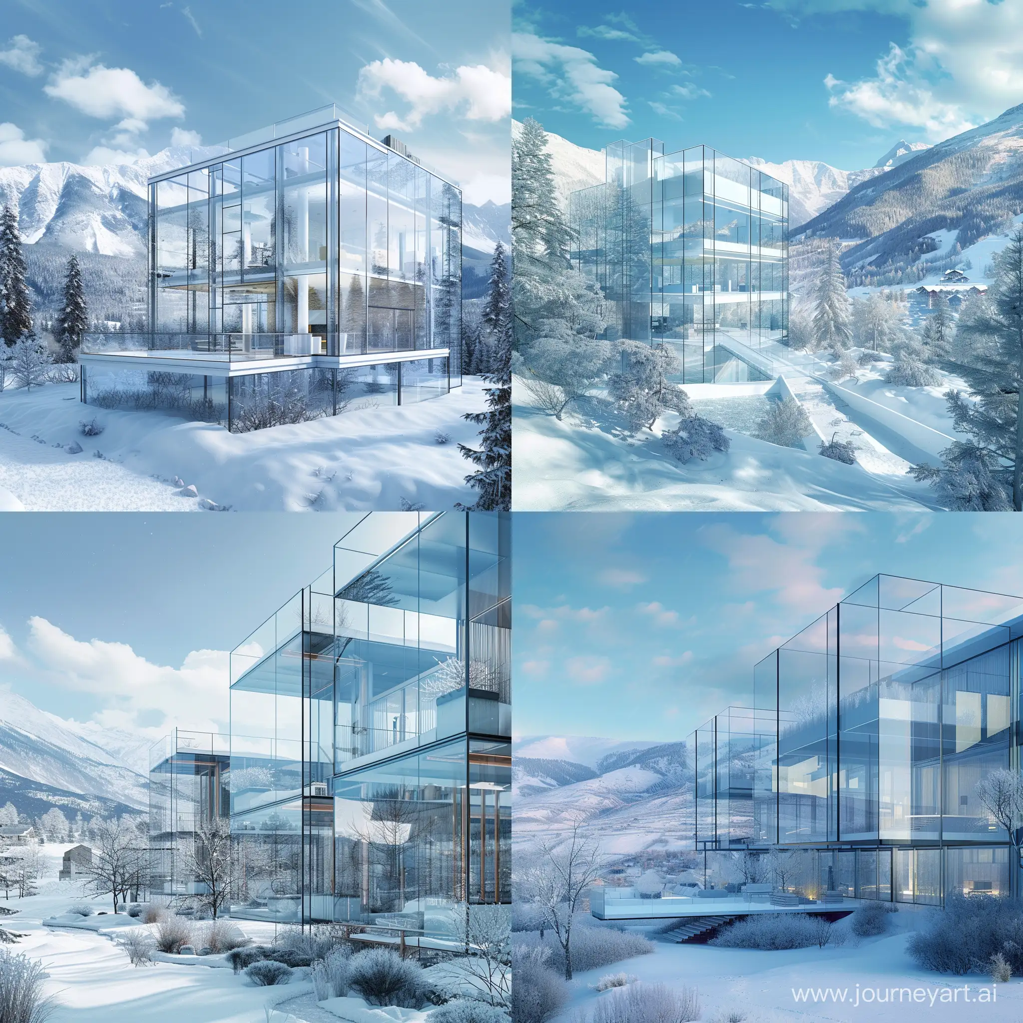 "Imagine a winter wonderland like no other – 'Crystal Clear Condos.' Envision sleek, glass-encased retreats rising majestically amidst the serene, snowy terrain. With our prompt, bring to life the elegance of modern architecture seamlessly blending with nature's beauty. Let your creativity soar as you craft vivid scenes of uninterrupted mountain vistas and luxurious living spaces, all captured in the pristine clarity of glass."

