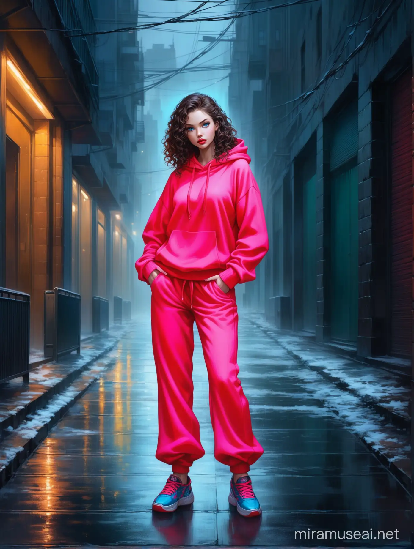 Aivision, full body of beautiful young women with dramatic expression, prety blue eyes , curly hair, , full red lips, brown hair, She wears a Wide pants  and  Hoodie sweater with amazing sneakers in neon colors,full body . Modern cloth. she stands in the street anxiously , dark winter environment and gloomy, image realistic, realistic facial features, Fairy Tail, Extremely detailed , intricate , beautiful , fantastic view , elegant , crispy quality Federico Bebber's expressive, full body, Coordinated colours, night 