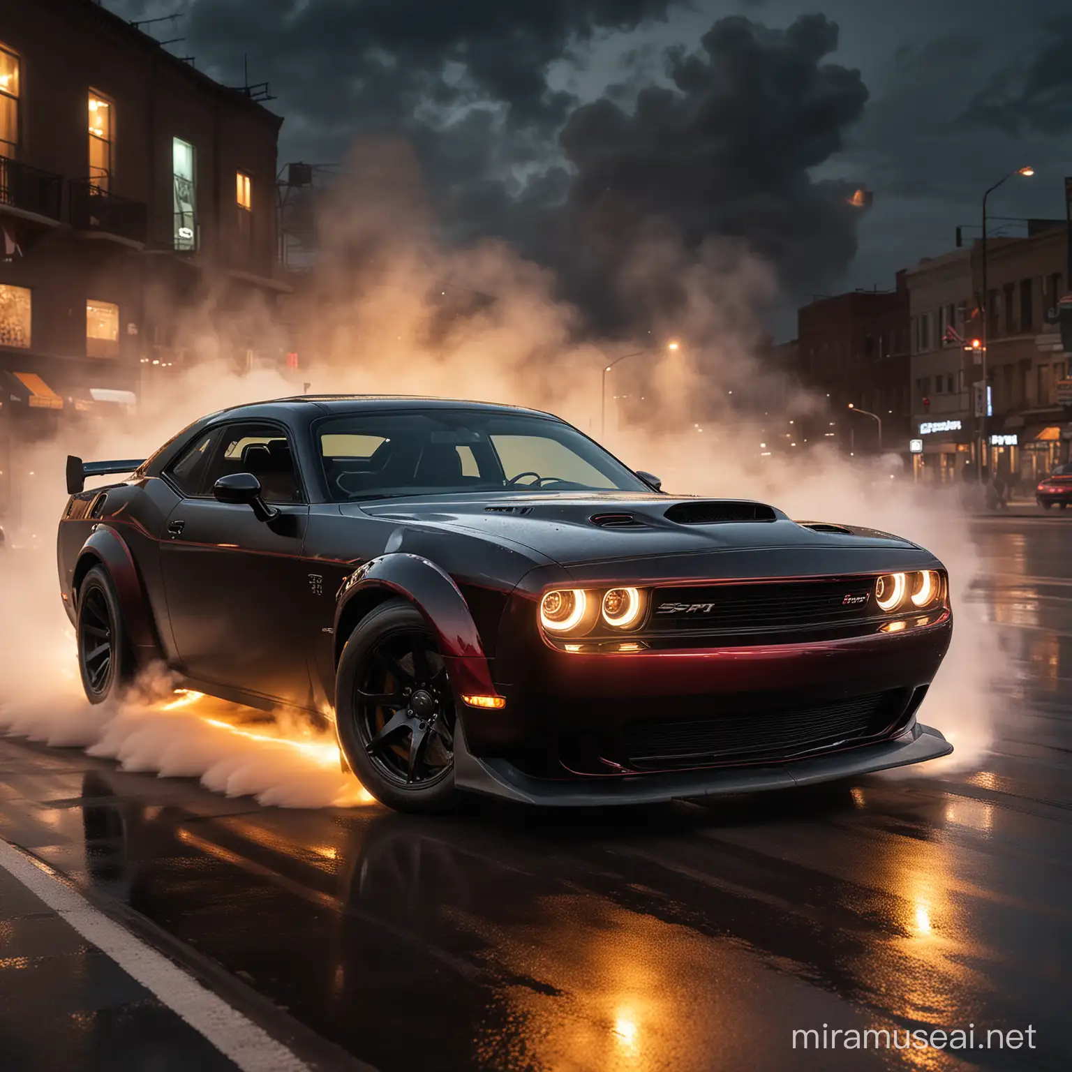 
Title: "Spectacular SRT Demon Drift"

Description: "Create an electrifying scene featuring a Dodge Challenger SRT Demon roaring through the asphalt, radiating sheer power and style. The focus is on capturing the essence of speed, dominance, and precision. The car should be depicted in a super sleek and futuristic style, gleaming under the vibrant lights of the urban nightscape. Dynamic lines and angles should emphasize its muscular form and performance capabilities. Furthermore, billowing clouds of black drift smoke should emanate from the rear tires, adding a dramatic touch of adrenaline to the composition. Let the artwork ignite the thrill of the race and evoke the sensation of witnessing automotive prowess in its most spectacular form.