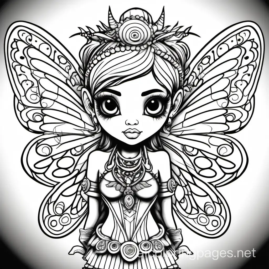 an adult coloring page that is very detailed of a cute round big faced, big eyes punk rockstar style fairy. Put the fairies wings on her back., Coloring Page, black and white, line art, mandala background, Please allow the entire drawing to fit the page., Coloring Page, black and white, line art, white background, Simplicity, Ample White Space. The background of the coloring page is plain white to make it easy for young children to color within the lines. The outlines of all the subjects are easy to distinguish, making it simple for kids to color without too much difficulty