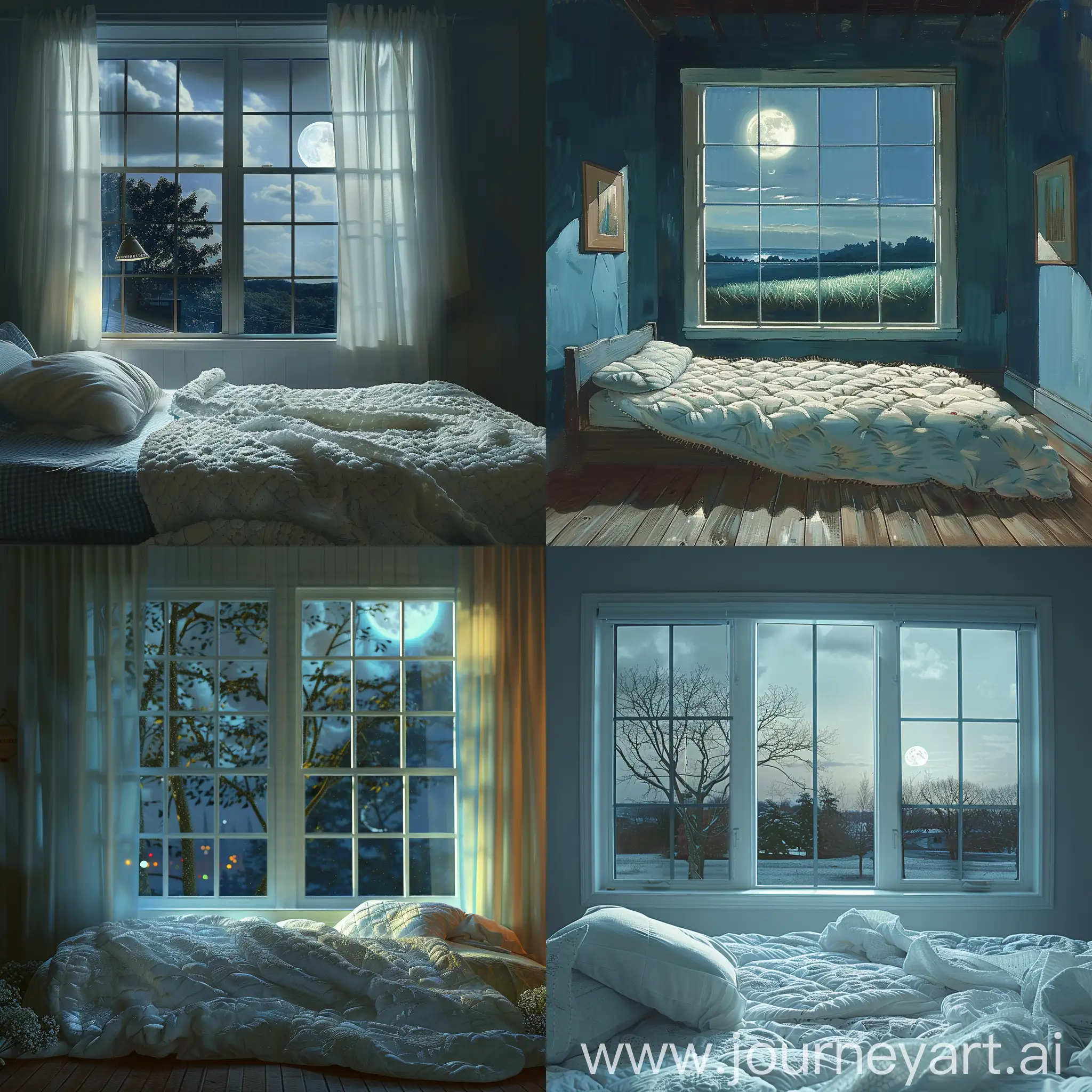 一间卧室，有宽阔的窗户，一张床，一席白色被子，房内灯光明亮，晚上，窗户外月光明亮