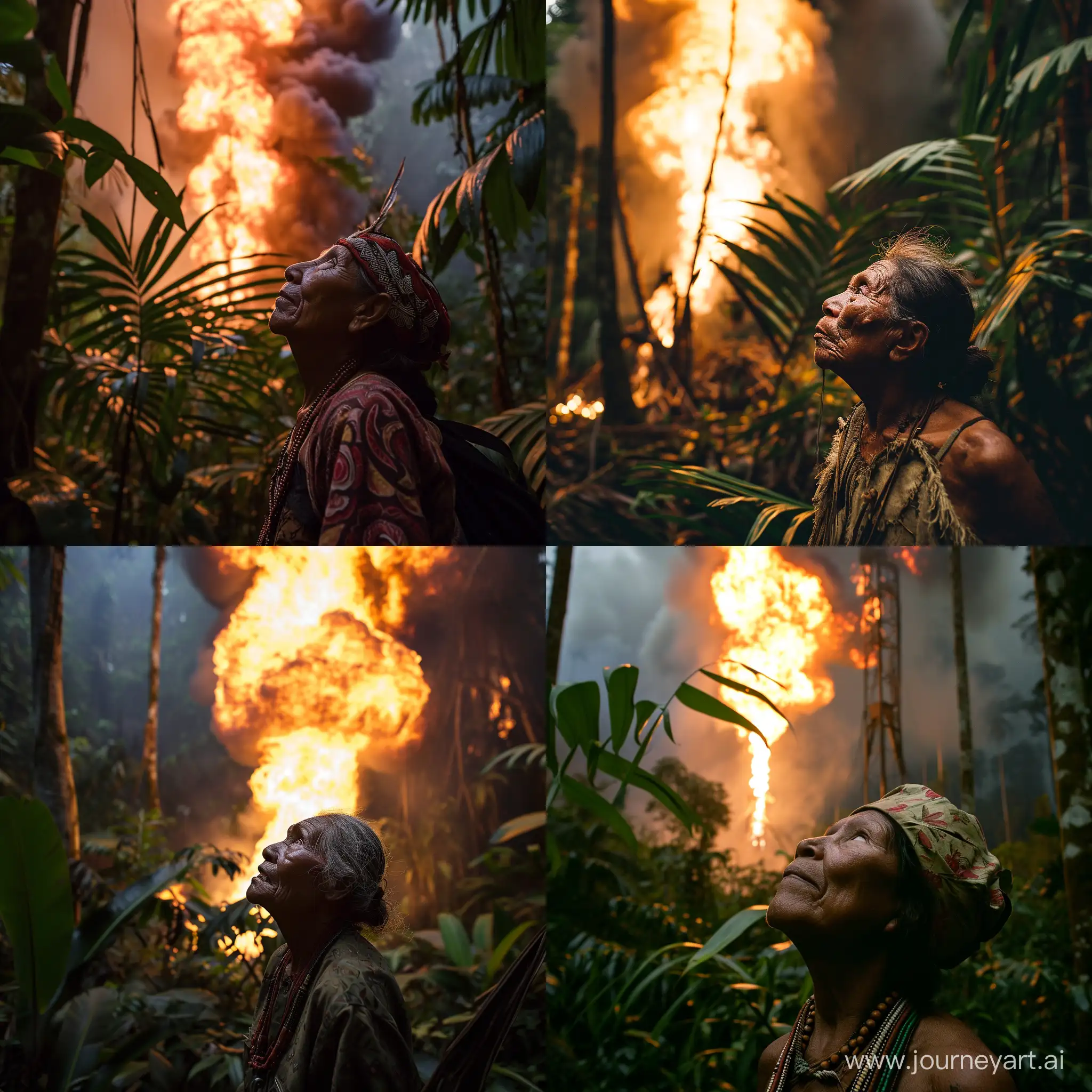 Indigenous villager in jungle looks up at the fire of an oil installation