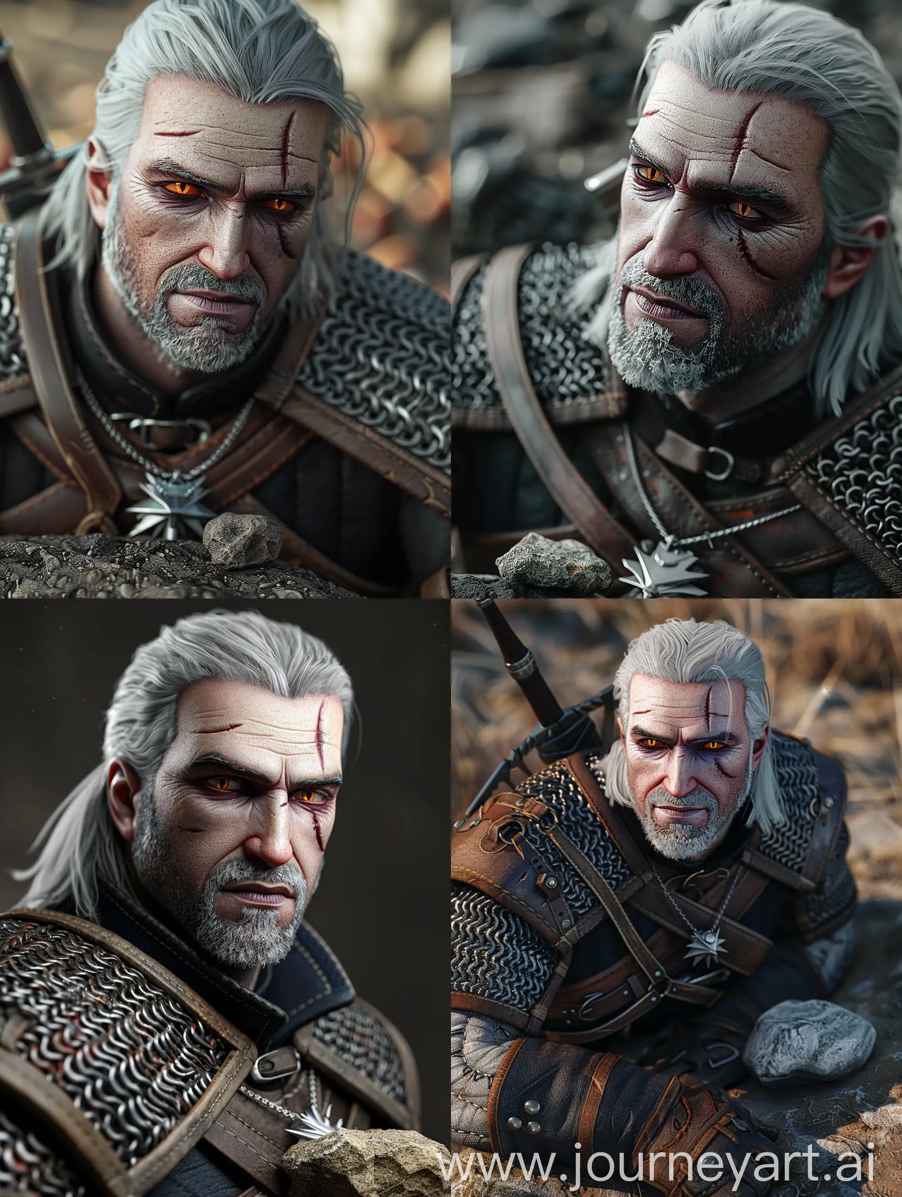 Geralt from the game The Witcher 3 in the style of the game in full growth, there is a small stone lying next to him, super realistic in 4K quality, very detailed 