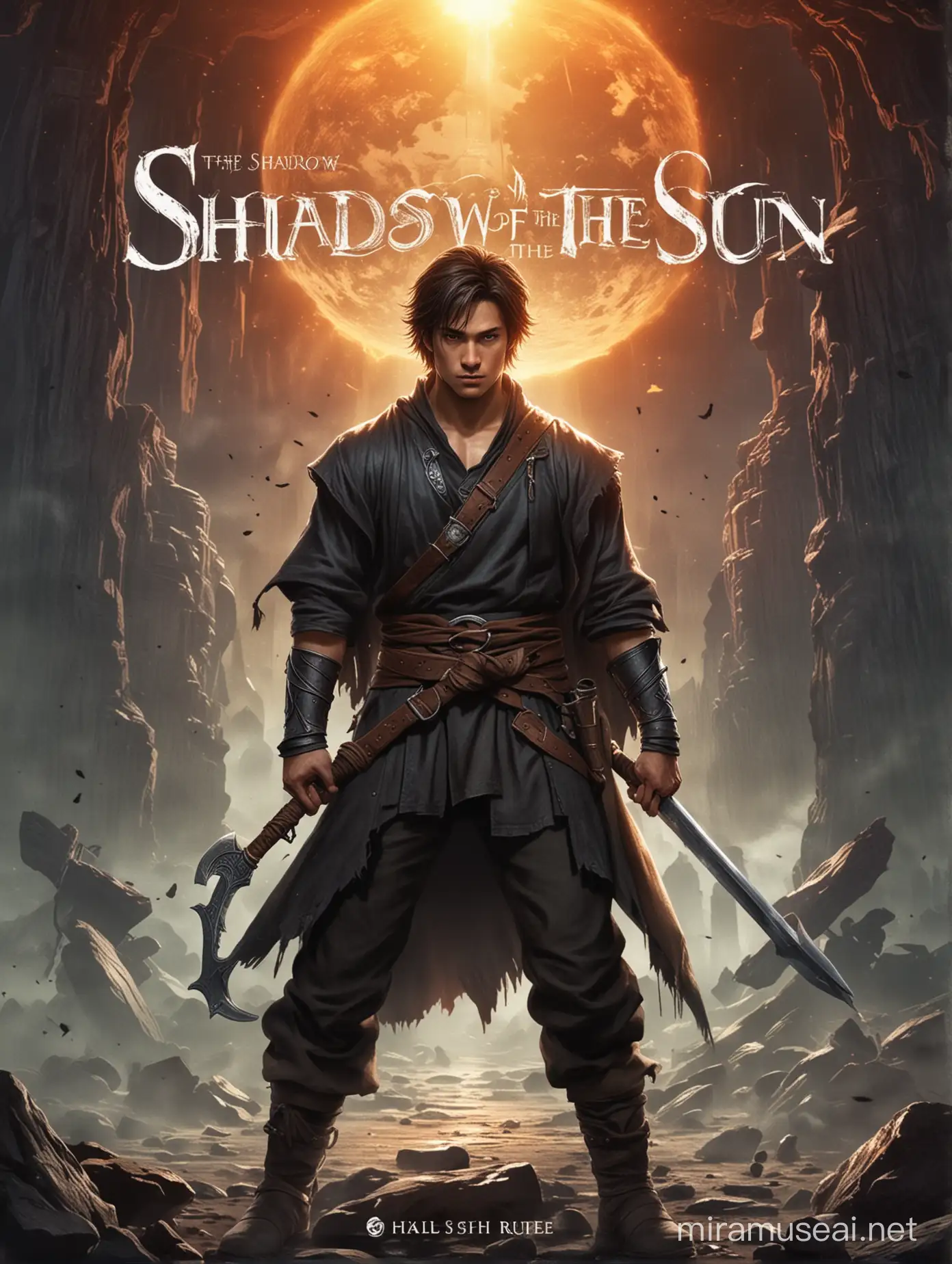 REALISTIC BOOK COVER DESIGN
Title:"The Shadow of the Sun"
Genre: Fantasy
Theme: Secrets, prophecy, struggle between light and dark
Heading: He was born to change the world... or destroy it.
Summary: Kai, a young blacksmith's apprentice marked with an ancient rune, discovers he's at the center of a prophecy foretelling either salvation or ruin. As dark forces stir, Kai must decipher his destiny and choose his path.