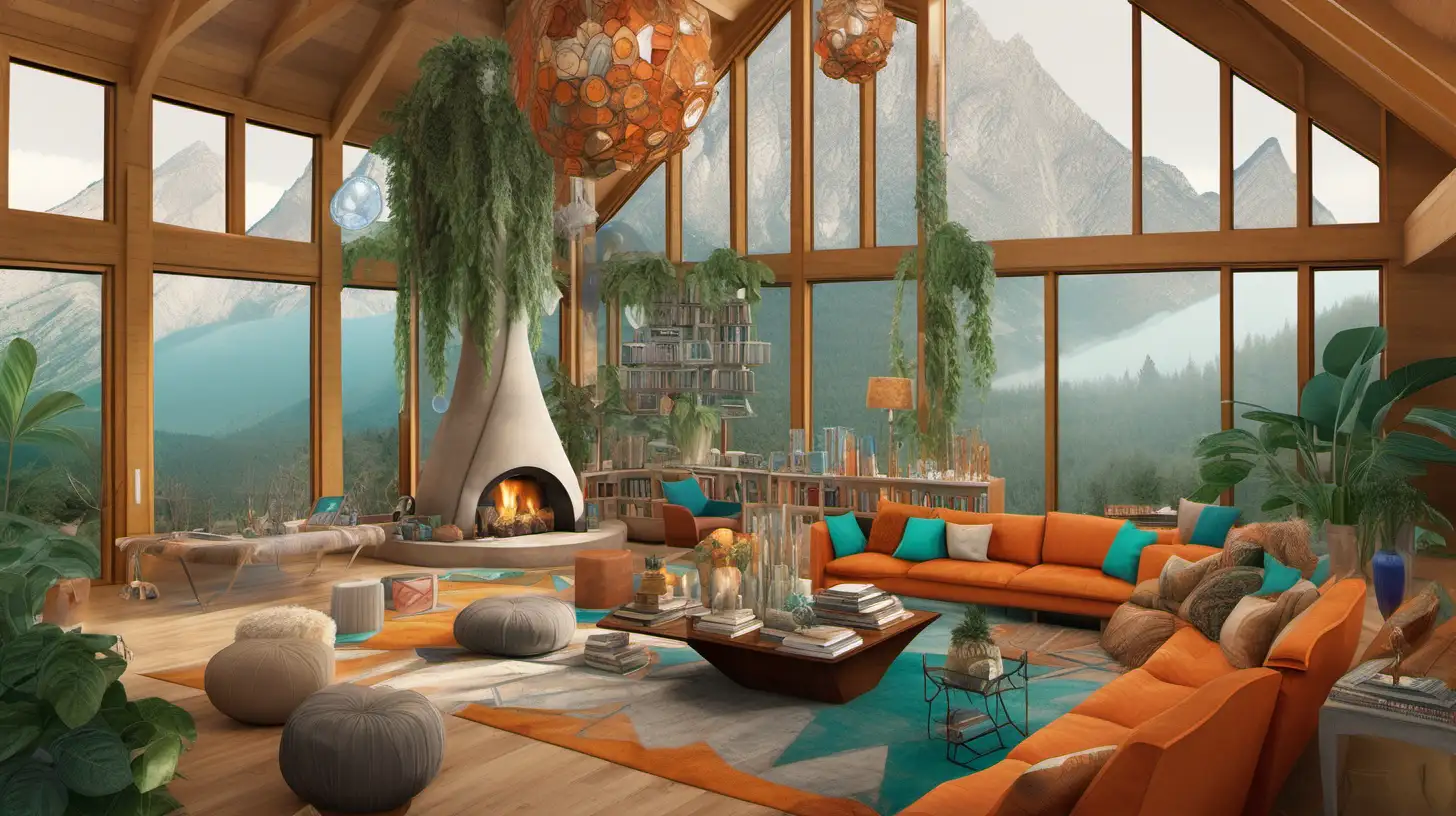 human, unclothed artists partying
great room
decorated in sand, orange, teal, gray, and beige
mountain home with floor-to-ceiling windows, skylights, a fireplace, books, comfy overstuffed furniture, and many leafy green plants hanging and scattered throughout the room
giant, natural crystals decorating the room
