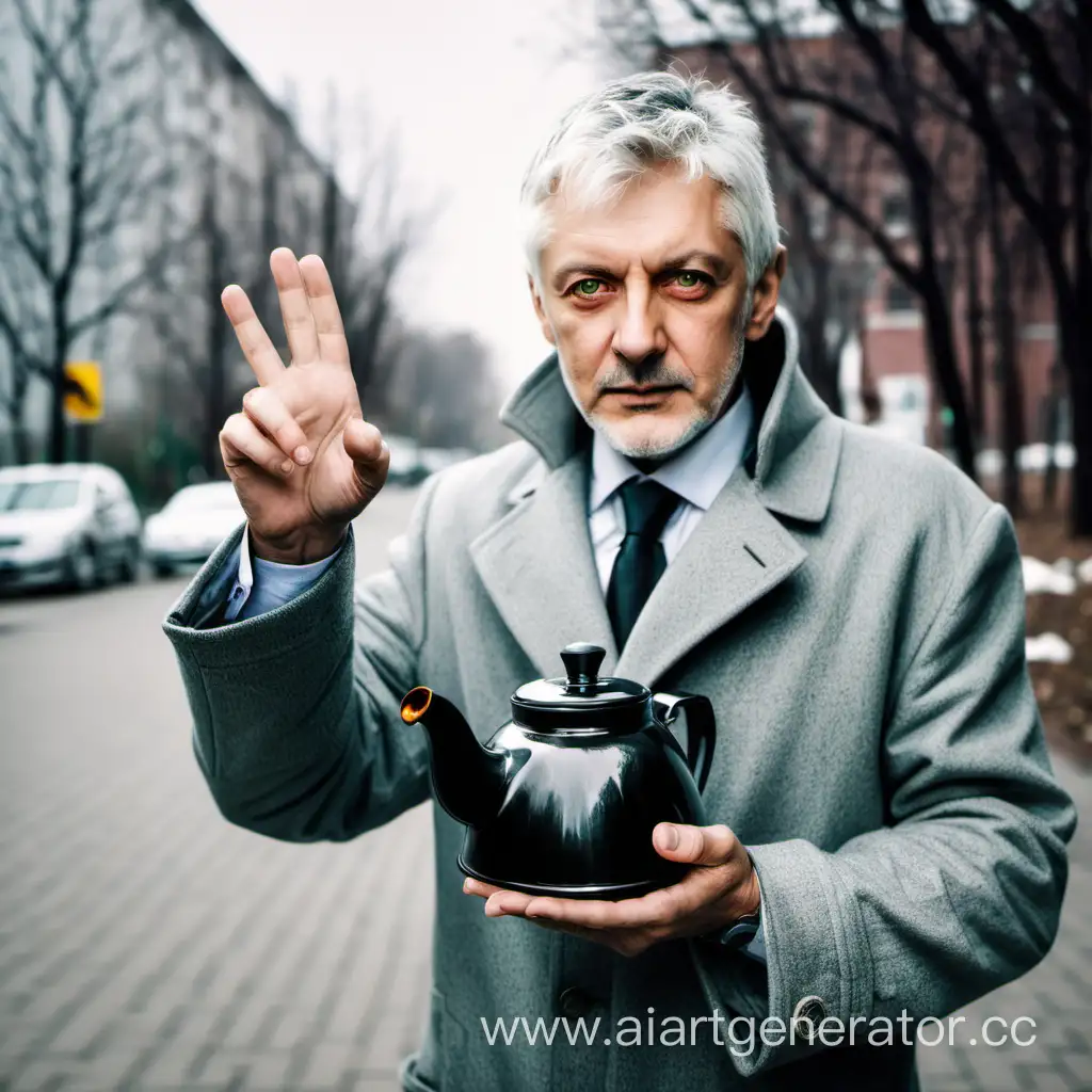 Elderly-Man-in-Gray-Coat-Pouring-from-Black-Kettle