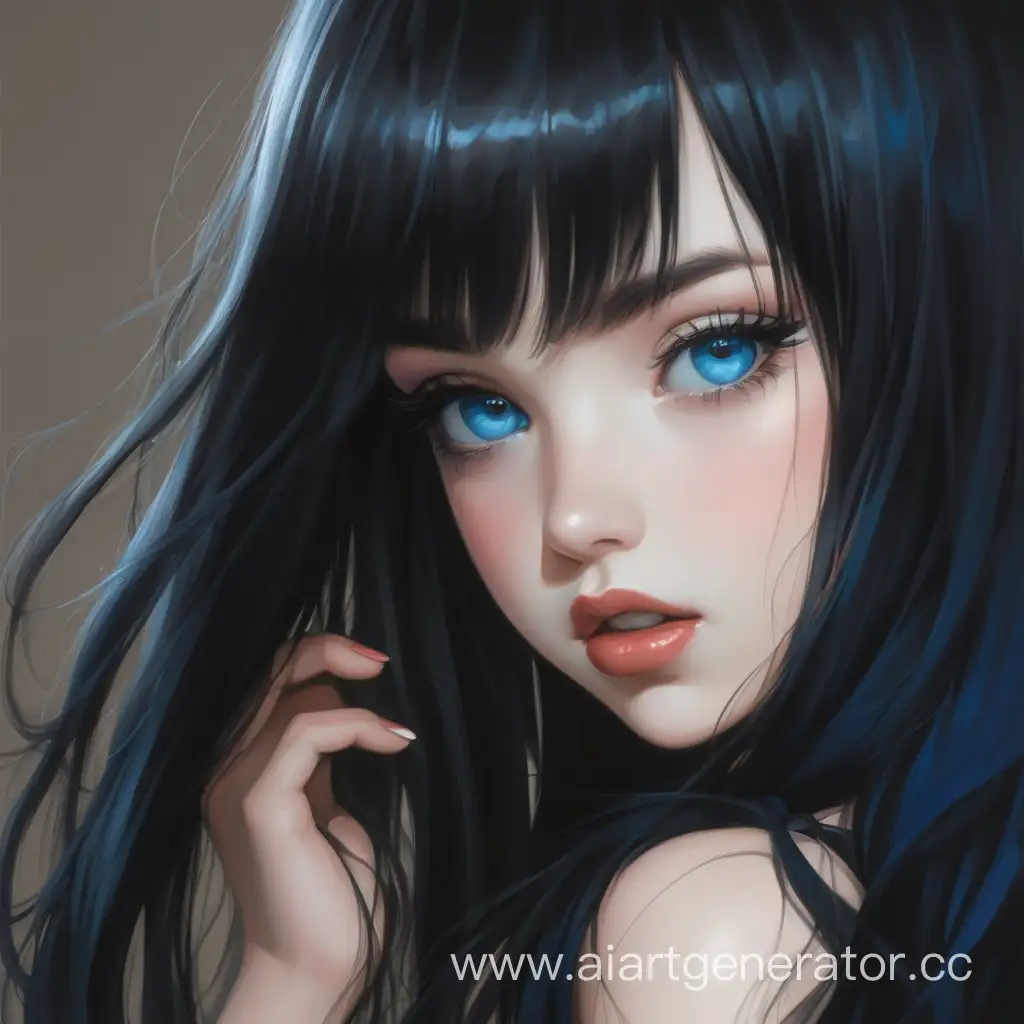 девушка с длинными черными волосами, голубыми глазами и пухлыми губами
