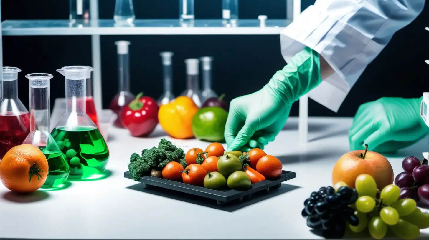 Hand of Scientist check chemical food residues in laboratory. Control quality of fruits, vegetables.