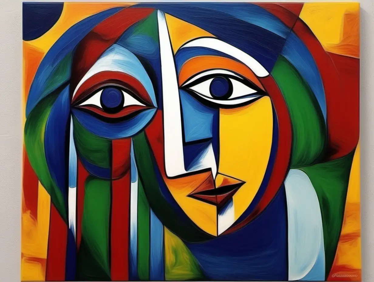 IN THE STYLE OF PICASSO CREATE ART ABSTRACT  WITHOUT ANY FACES USING DEEP BLUE, GREEN , DEEP RED AND SOME AMBER