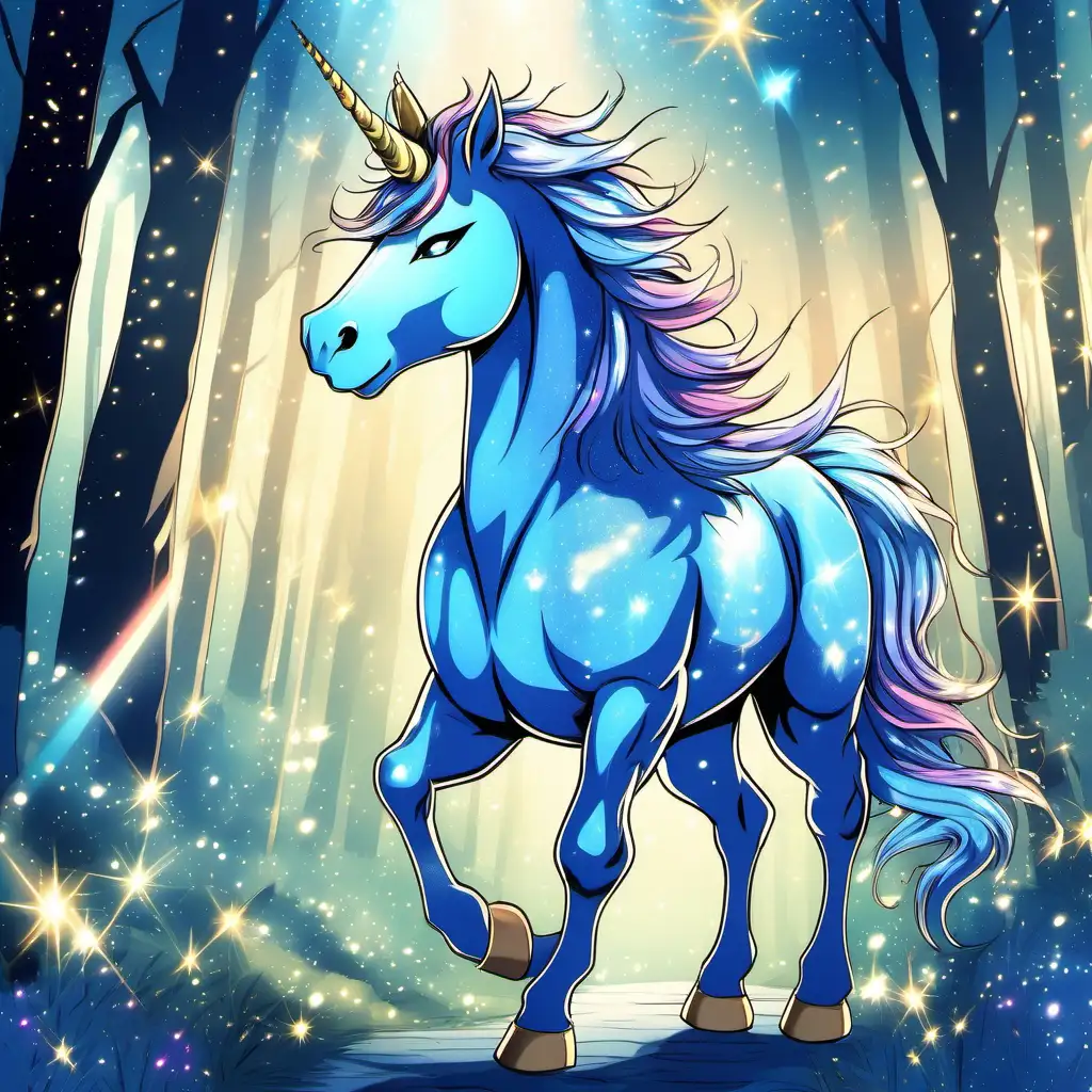 Enchanting Male Unicorn Strolling Through a Magical Blue Forest