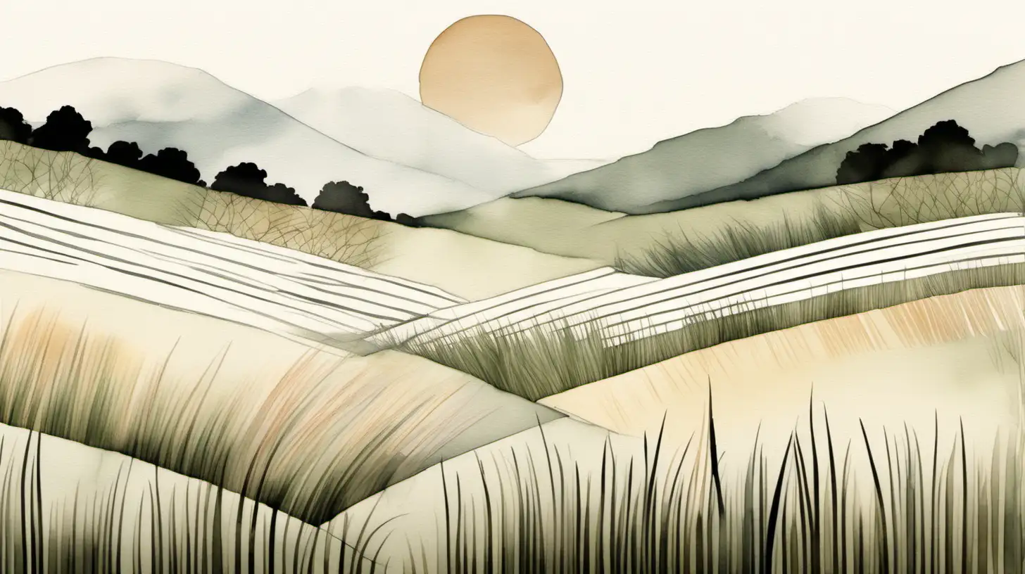 Minimalist Japandi art piece, embodying a harmonious blend of Japanese and Scandinavian 
aesthetics featuring grass field,hill,sun
surrounded by various plant motifs including wildflowers. Visible brush strokes, 
neutral shapes on white background. Emphasize thick, deliberate lines for a minimalistic and clean look. 
Incorporate muted tones in a watercolor style, with a composition of stripes and shapes. 
The artwork should demonstrate juxtaposed elements, showcasing a clever use of negative space to 
create balance and serenity. The overall feel should be calming and refined, capturing the essence 
of both Japanese simplicity and Scandinavian functionality in a gallery art setting.