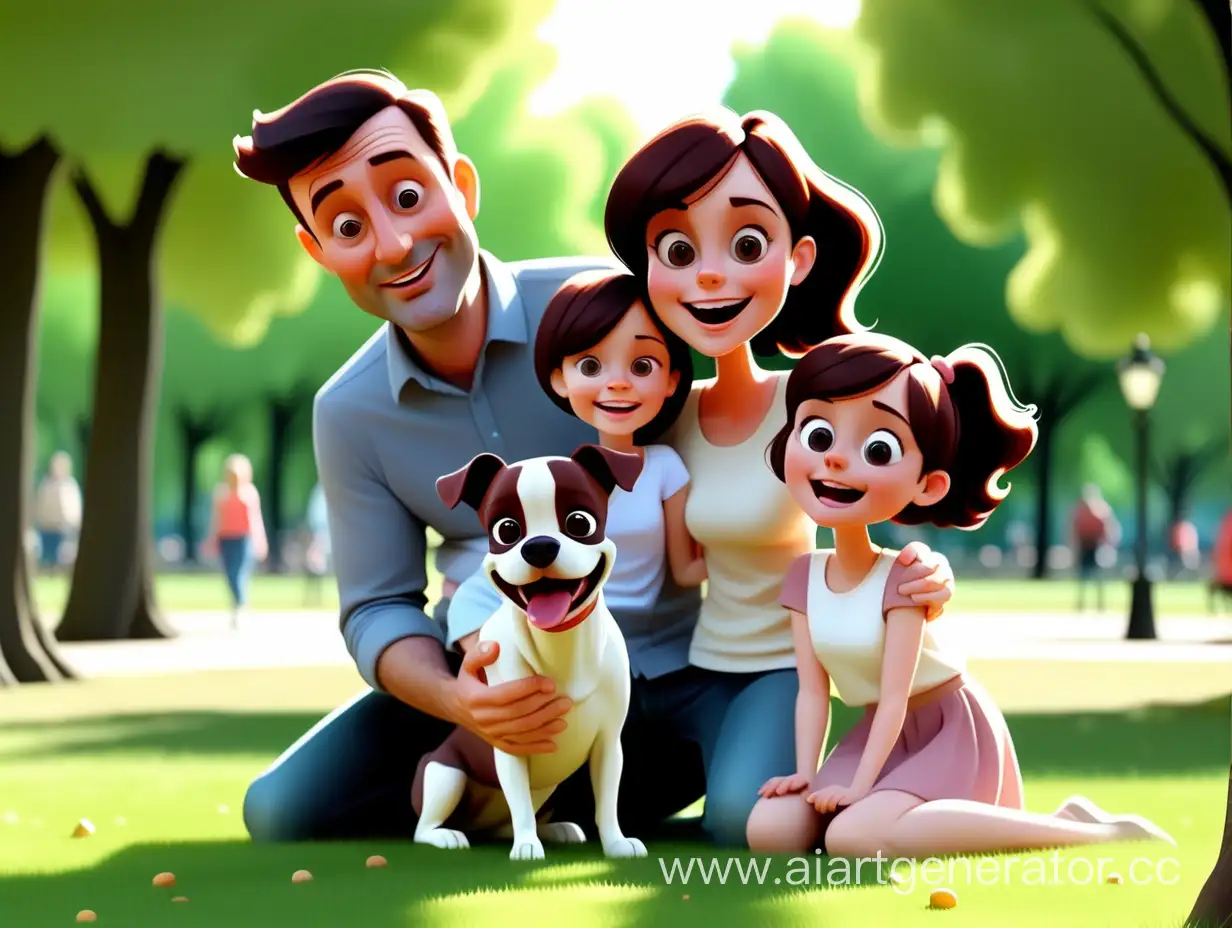 счастливая семья мама 37 лет, брюнетка, папа и дочка веселятся в парке, собачка. стилистика аимация