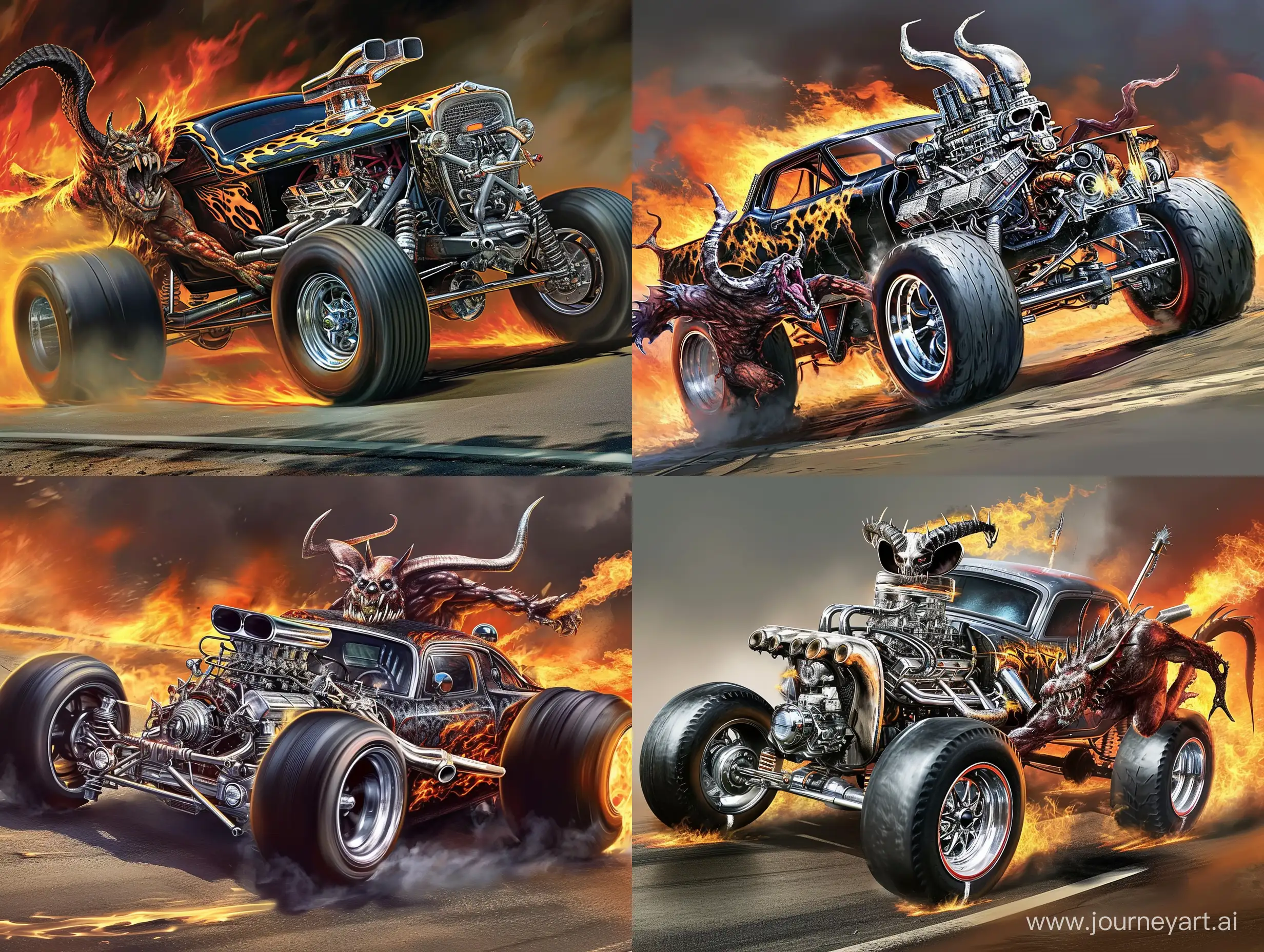 An extreme sports car. It has an elaborate custom, fire, chrome, and black auto design. A horned devil is pushing the car. The engine is oversized, and has a chrome, overhead air breather, extruding from the front hood. The suspension is supported by monster truck tires with chrome rims. The road and the vehicle are on fire.