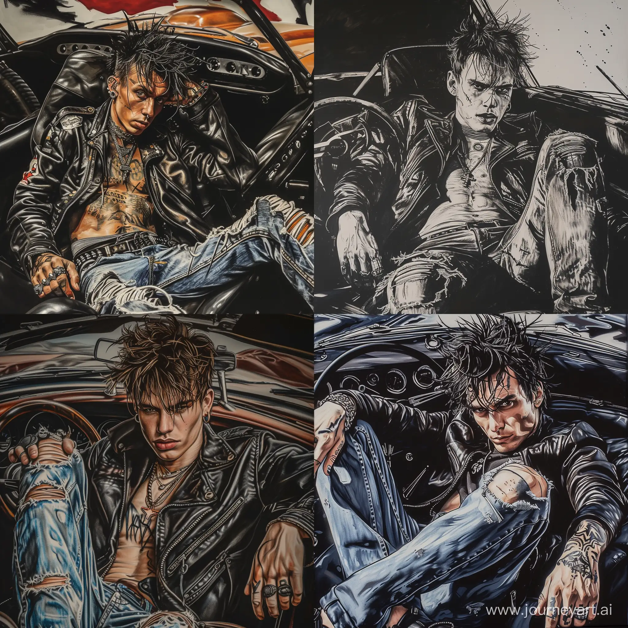 detailed portrait of a tough-looking punk man in his 20s, (graffiti), (muscle car), wearing a leather jacket and ripped jeans, messy hair and piercing eyes, sitting in a classic sports car, detailed, in the style of Banksy