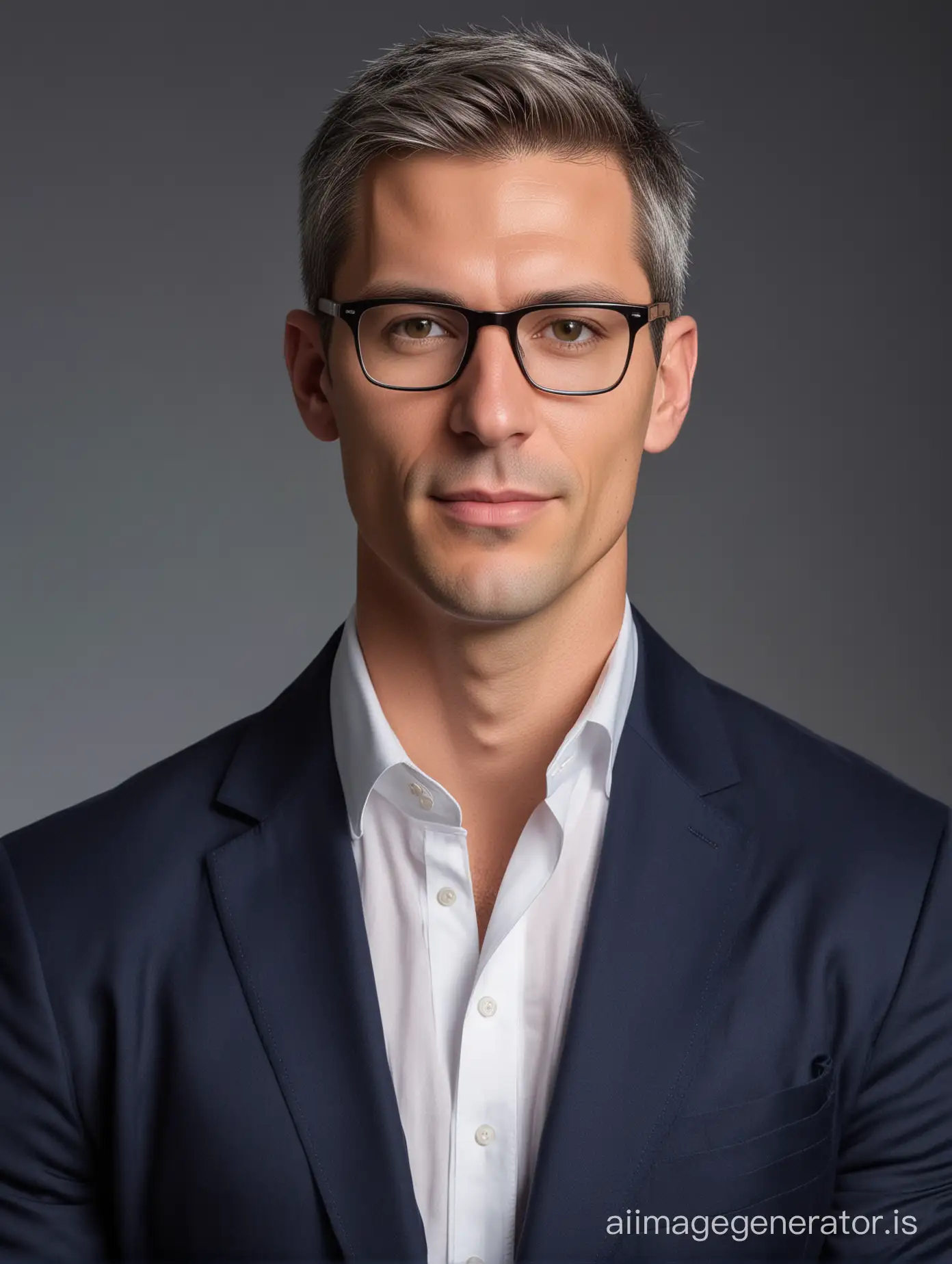 Professional portrait photo of a tall man, 35 years old, strong body, square face, with navy blue blazer, white shirt,  open collar, no tie, wearing glasses, shaved gray hair