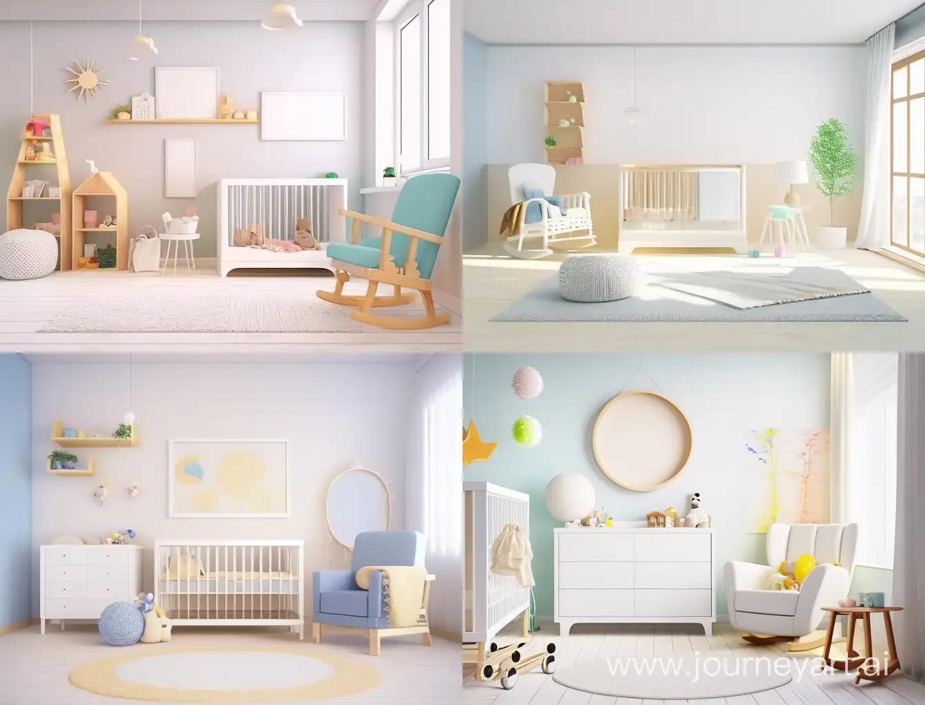 Create a big frame mockup for a product in a clean, bright, and modern baby room. Use light colors to create a bright and airy feel. Position the frame as the focal point of the room.
