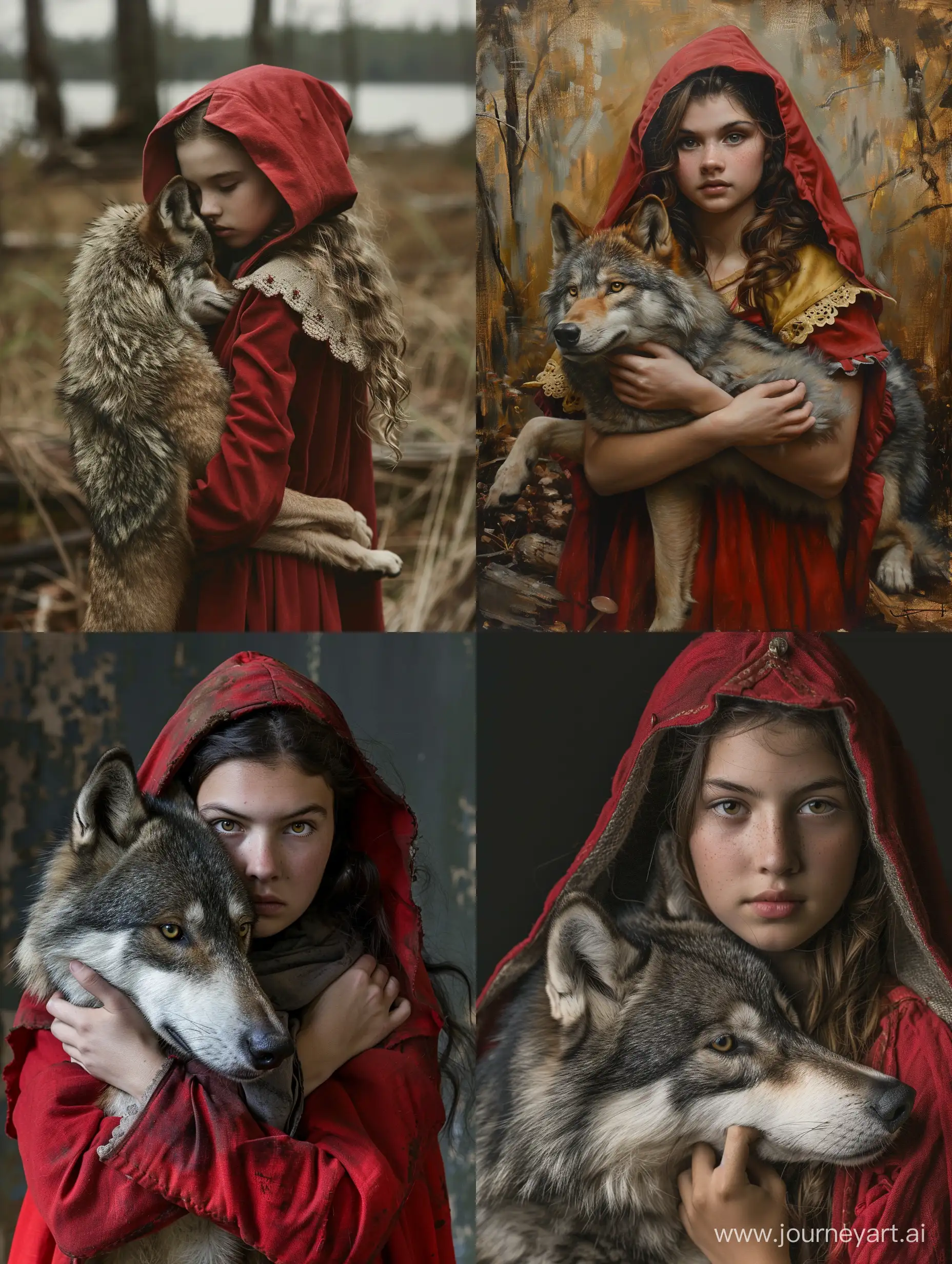 Brett Walker portrays Little Red Riding Hood with the wolf in her arms --ar 9:12 --v 6.0 --style raw