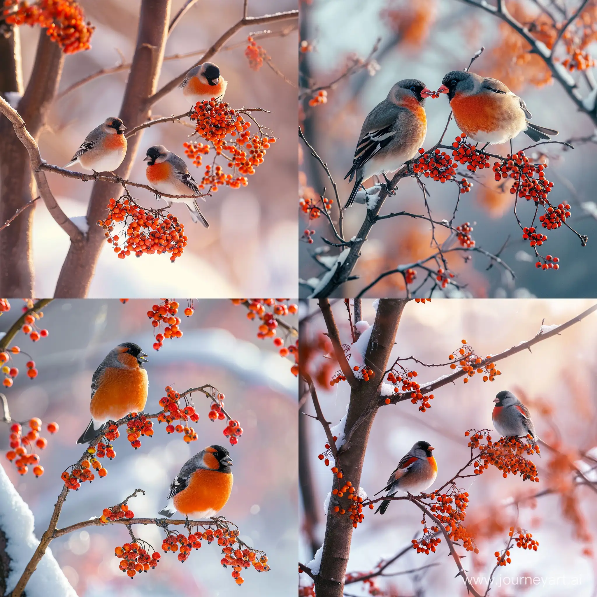 Vibrant-Bullfinches-Feeding-on-Rowan-Berries-in-Winter-Sunlight