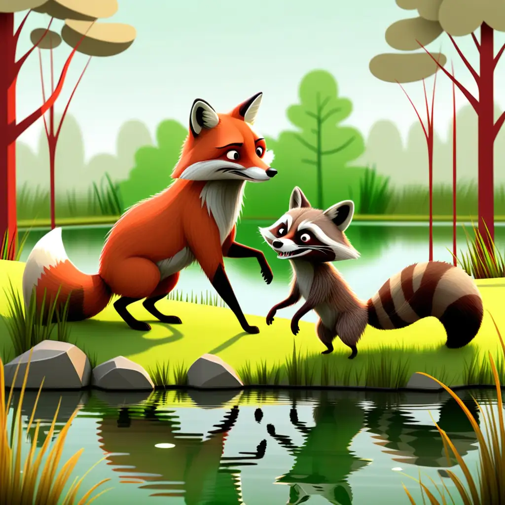  an illustration a pond with grass around and a woods in the background. a red fox and a raccon are playing together
