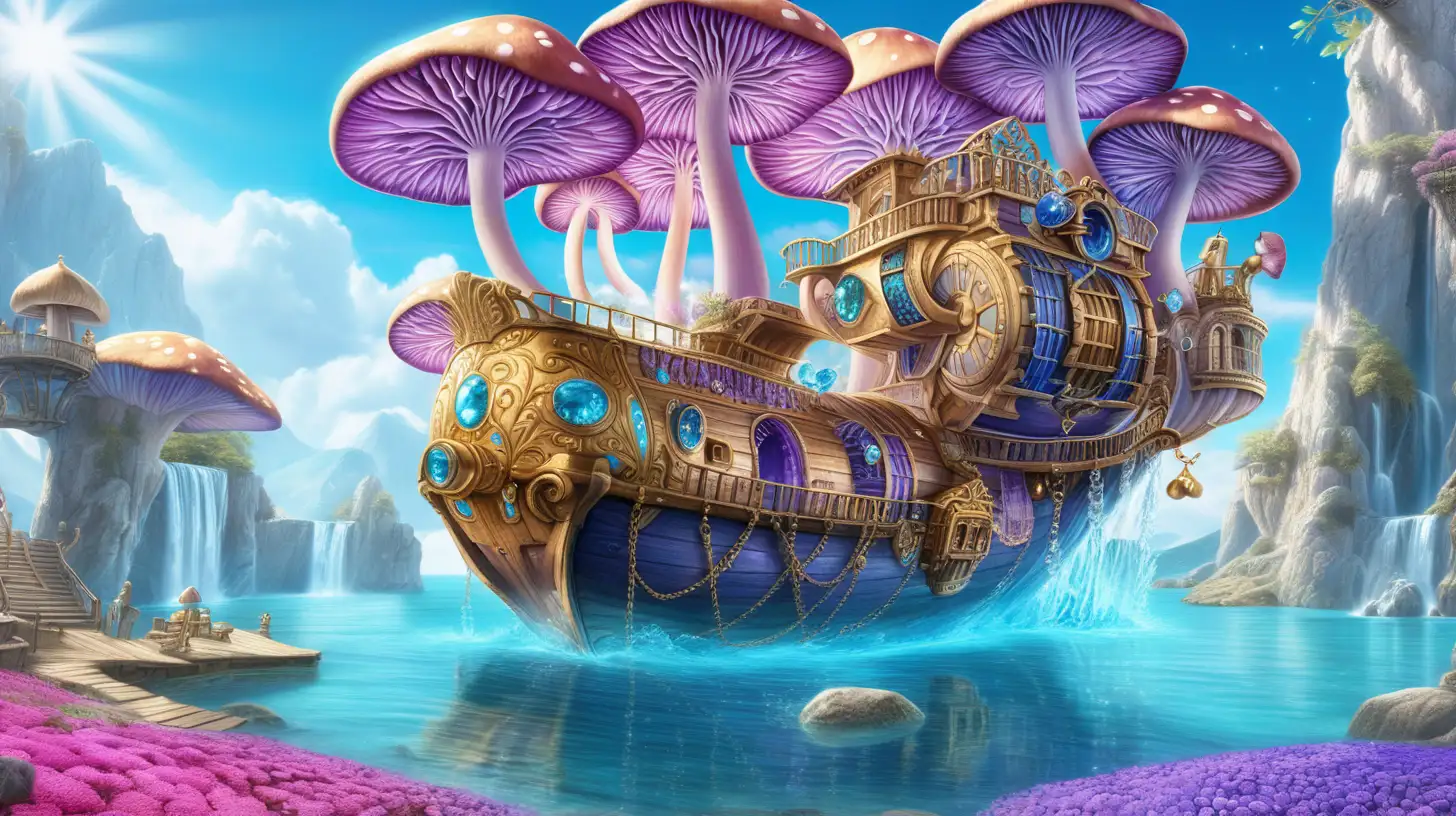 Magical Fairytale bright blue and purple waterfall-mushrooms and  gold and gemstones and treasure chests and bright-pink flowers-growing on an old-giant flying ship with bright sunny sky