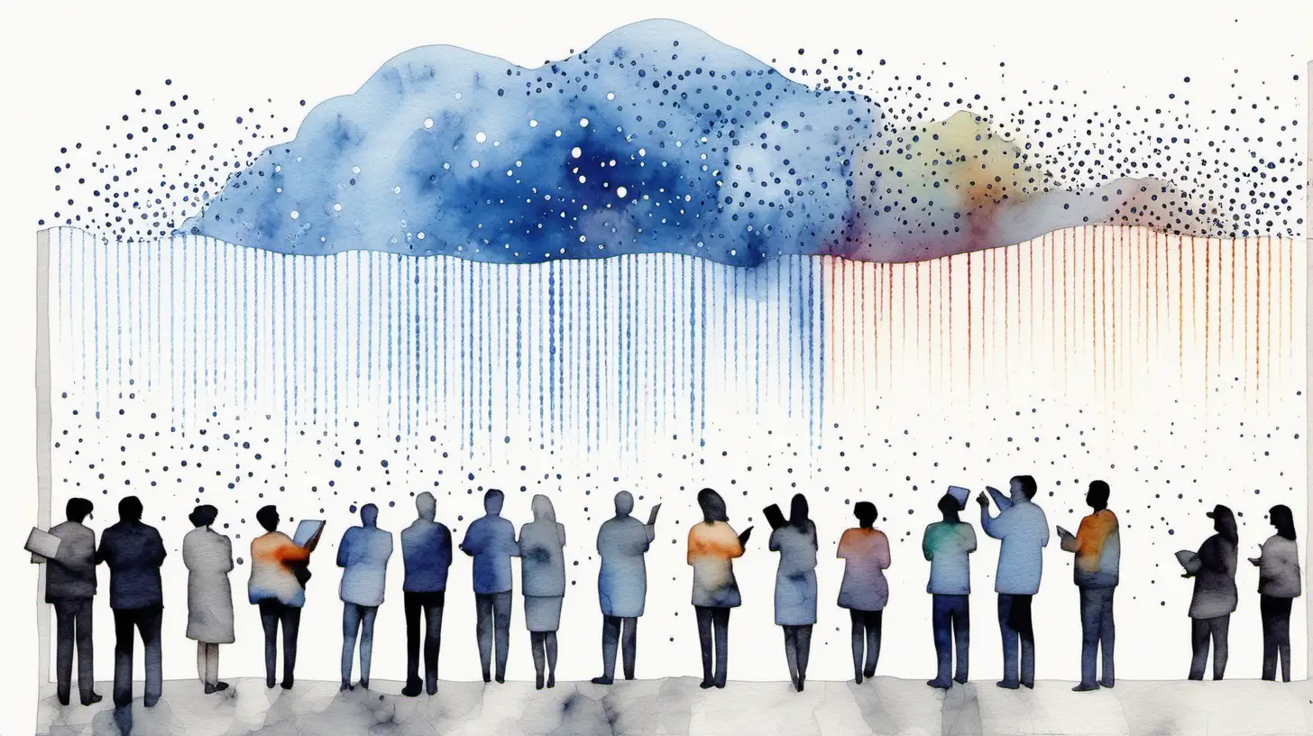 a water colour painting, data morphing from dots and lines in the sky into a structured block. A white background. People reading the data