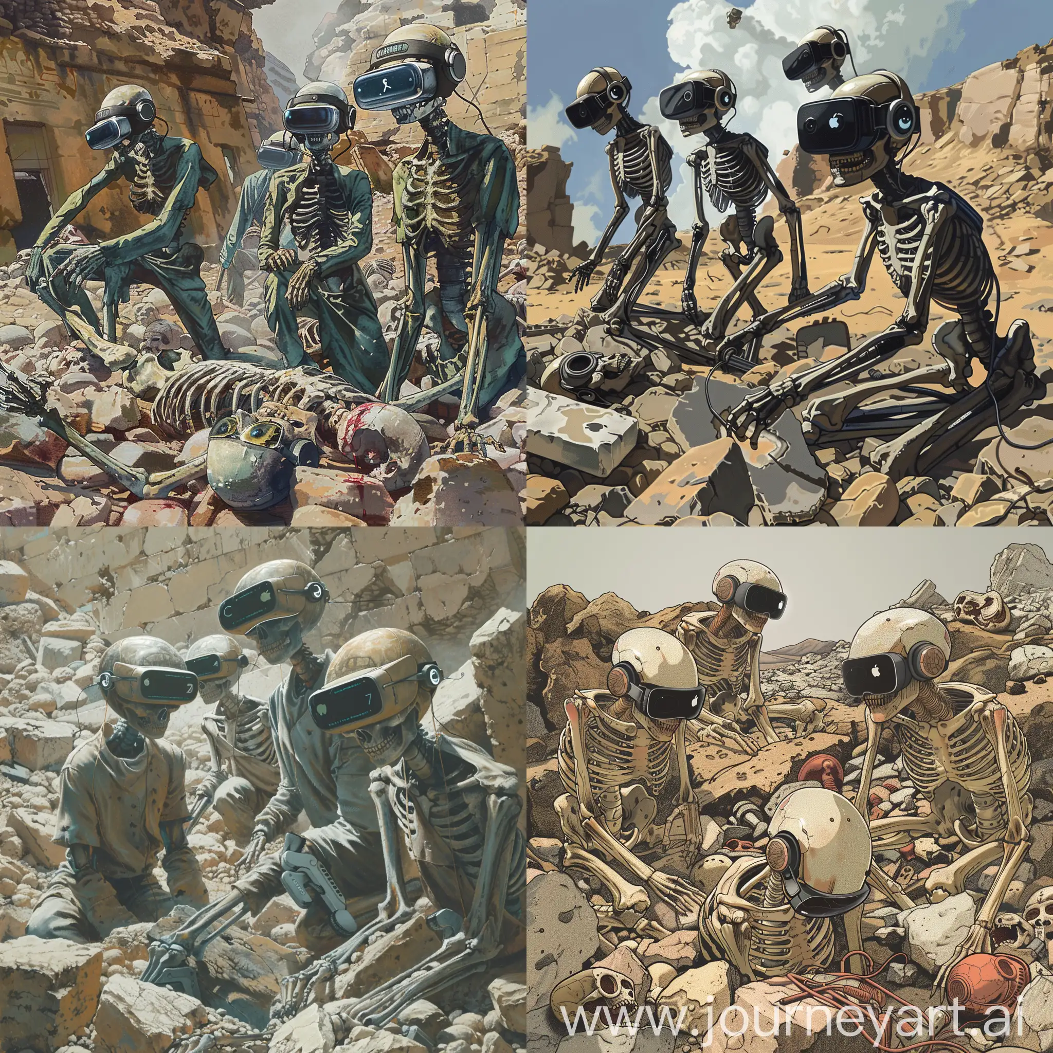 A group of alien archaeologists dig through the rubble of human civilization. One alien archaeologist finds skeletons with Apple Vision Pro headsets still on their heads.