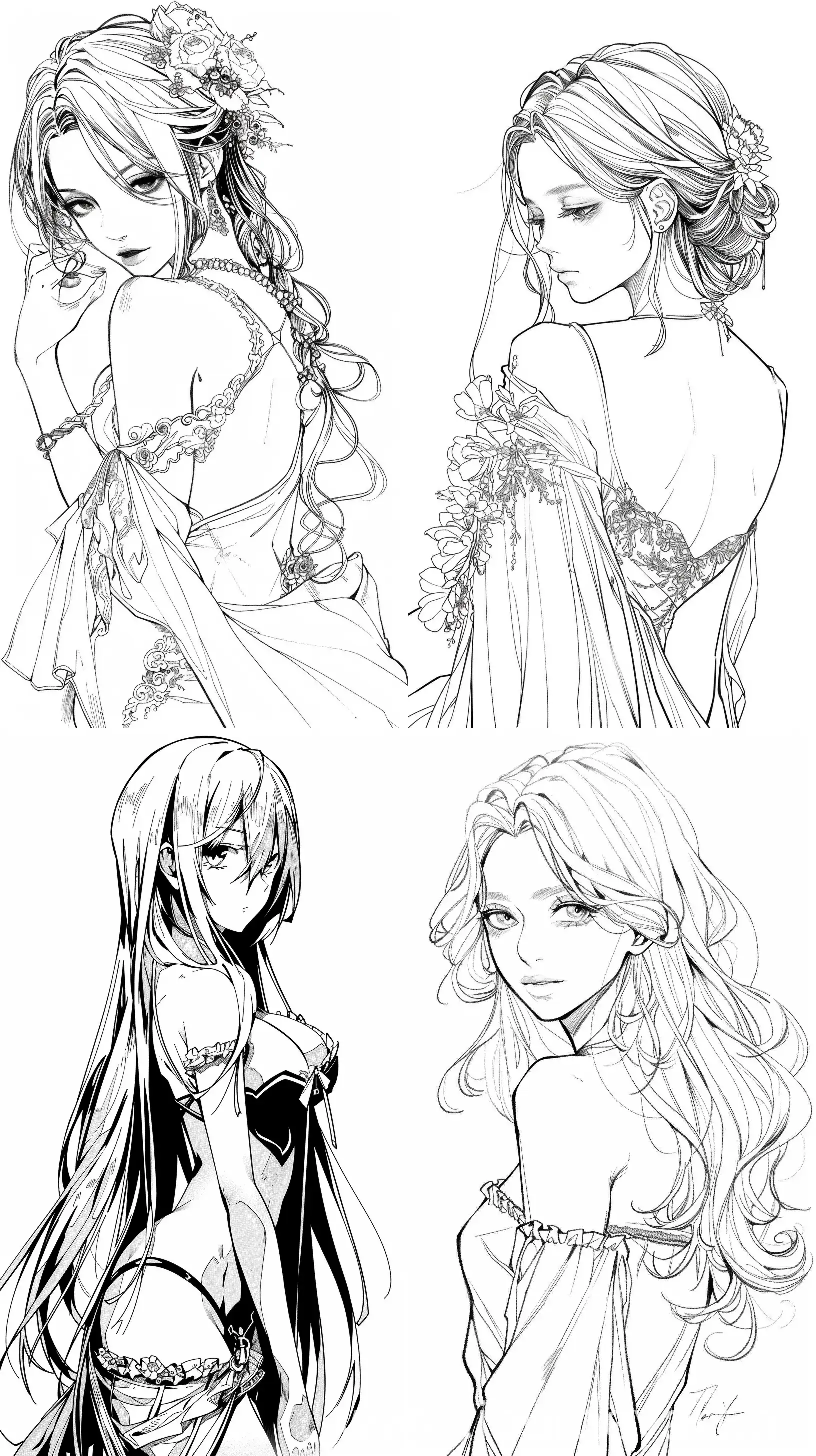 line drawing female anime, elegant hotly,  black and white --ar 9:16