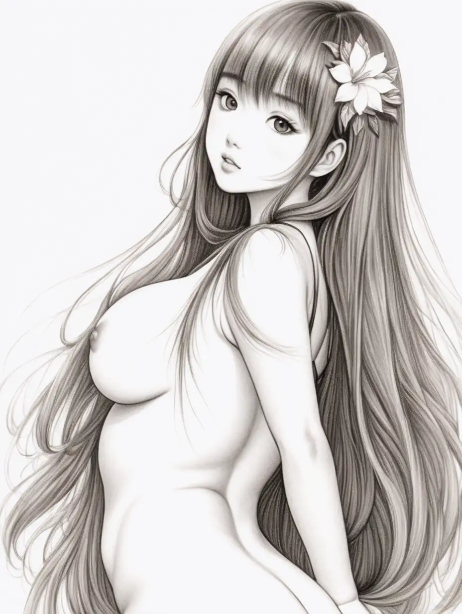 画一位年轻貌美的日本女人，身材丰满，穿着性感，长发披肩


