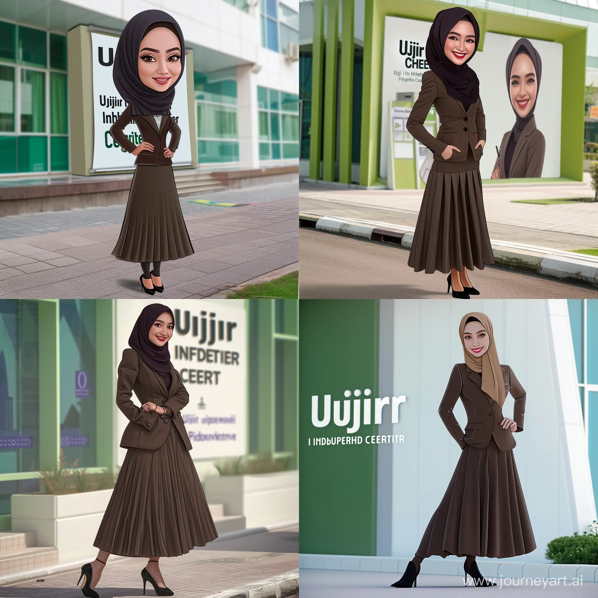 A beautiful young Indonesian woman wearing a hijab, wearing a dark brown office suit, long skirt, black heeled shoes, standing posing with a smiling face, the background is a white and green building, there is an advertisement that says "Ujir Inpatient Health Center", Caricature 5D, Detailed and realistic, hd.