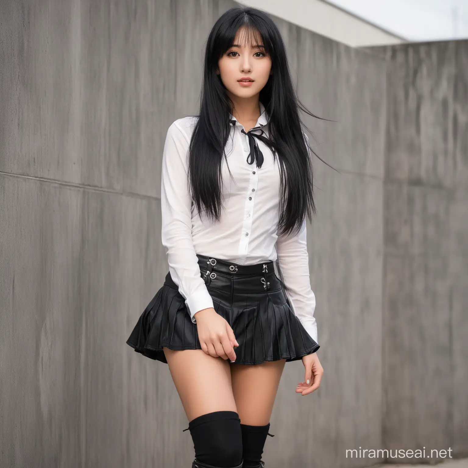 a beautiful girl with long black hair, wearing mini-skirts and boots, pretty charming