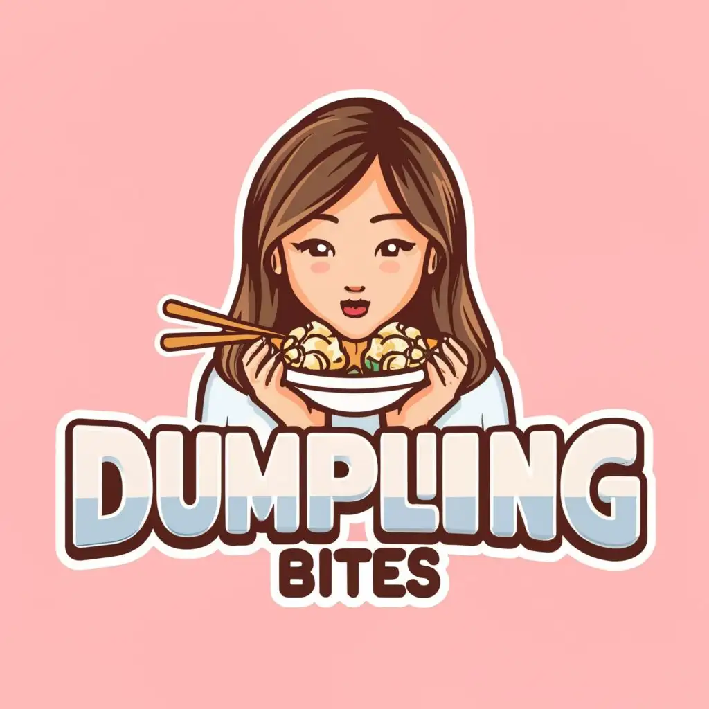 logo, Girl eating dumplings, with the text "DUMPLING BITES", typography