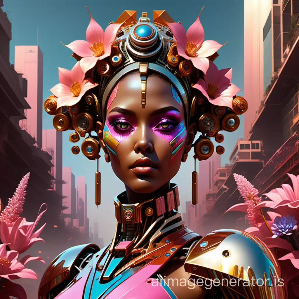 Caramel-skinned woman with high cheekbones, adorned with silver and colorful makeup, encased in robotic motifs amidst a floral array, pink and gold hues dominating, sculpted and hand-painted with precision, channeling Abdel Hadi Al Gazzar's majestic figures, raw style merged with cosmic elements, vanishing points and notions of a super highway at high speed, digital painting trending on ArtStation, Beeple, Noah Bradley, Cyril Roland, Ross Tran influences, digital render