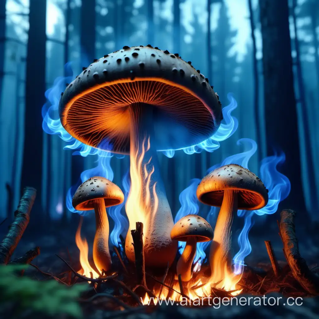 Большой гриб и пару маленьких вокруг, в горящем лесу, на фоне синее пламя, вокруг буйная и необычная растительность,  флуоресцентная подсветка на поверхности,  4к, супер реализм