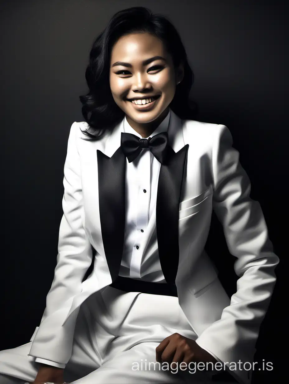 Elegant-Thai-Woman-in-Black-Tuxedo-Smiling-in-Dimly-Lit-Room