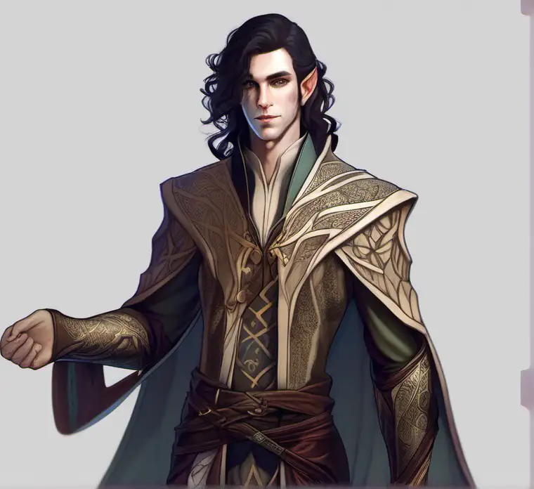 More intricate clothing, male elf with long ebony wavy hair and pale skin