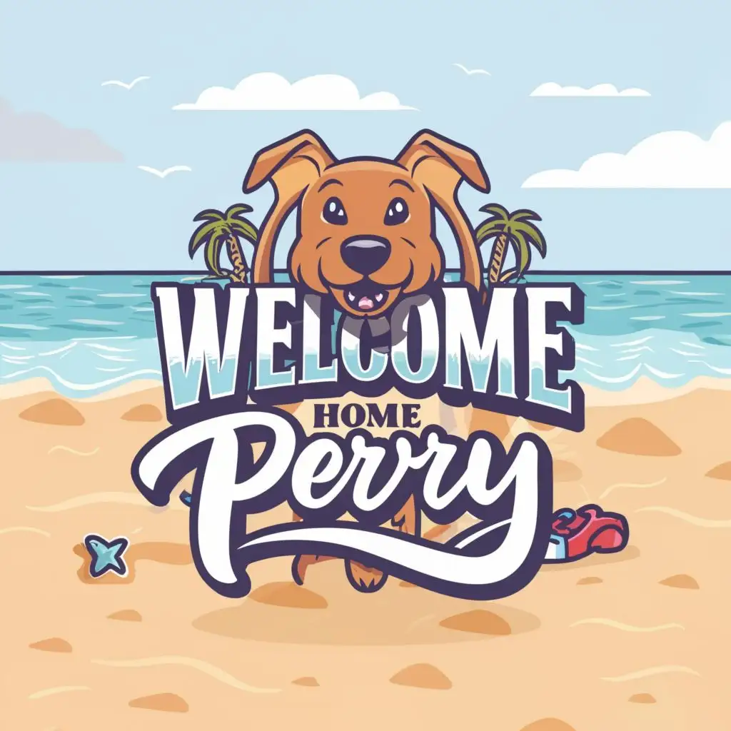 logo, Beach cartoon dog, with the text "Welcome home Perry", typography