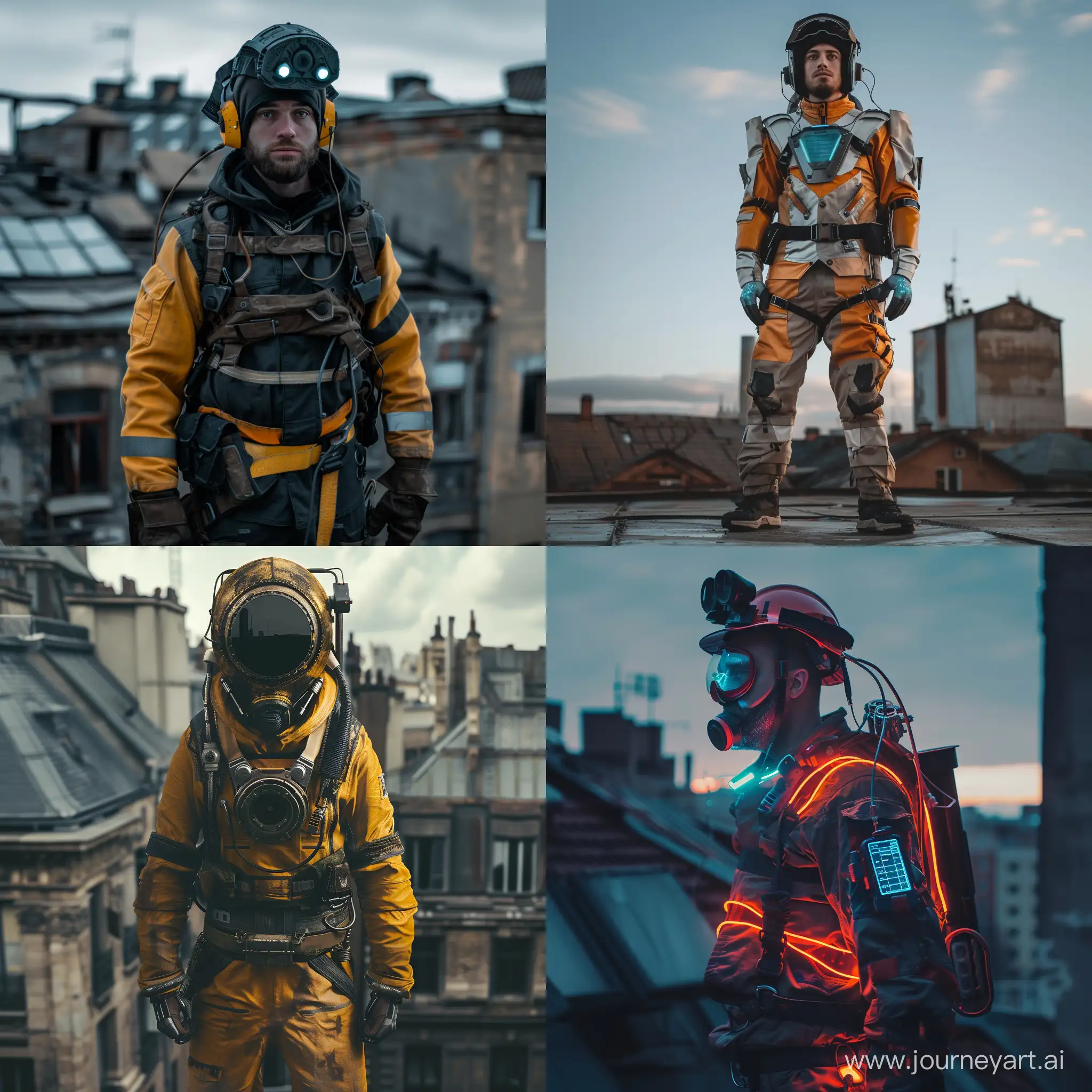 man in miner wear, synthetic materials, futuristic shapes, wide angle, background rooftop skyskaper, contrast colors