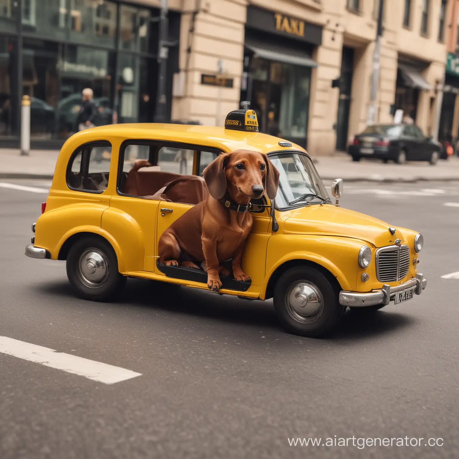 Dachshund-Riding-in-Taxi-Adorable-Canine-Traveling-in-Urban-Setting