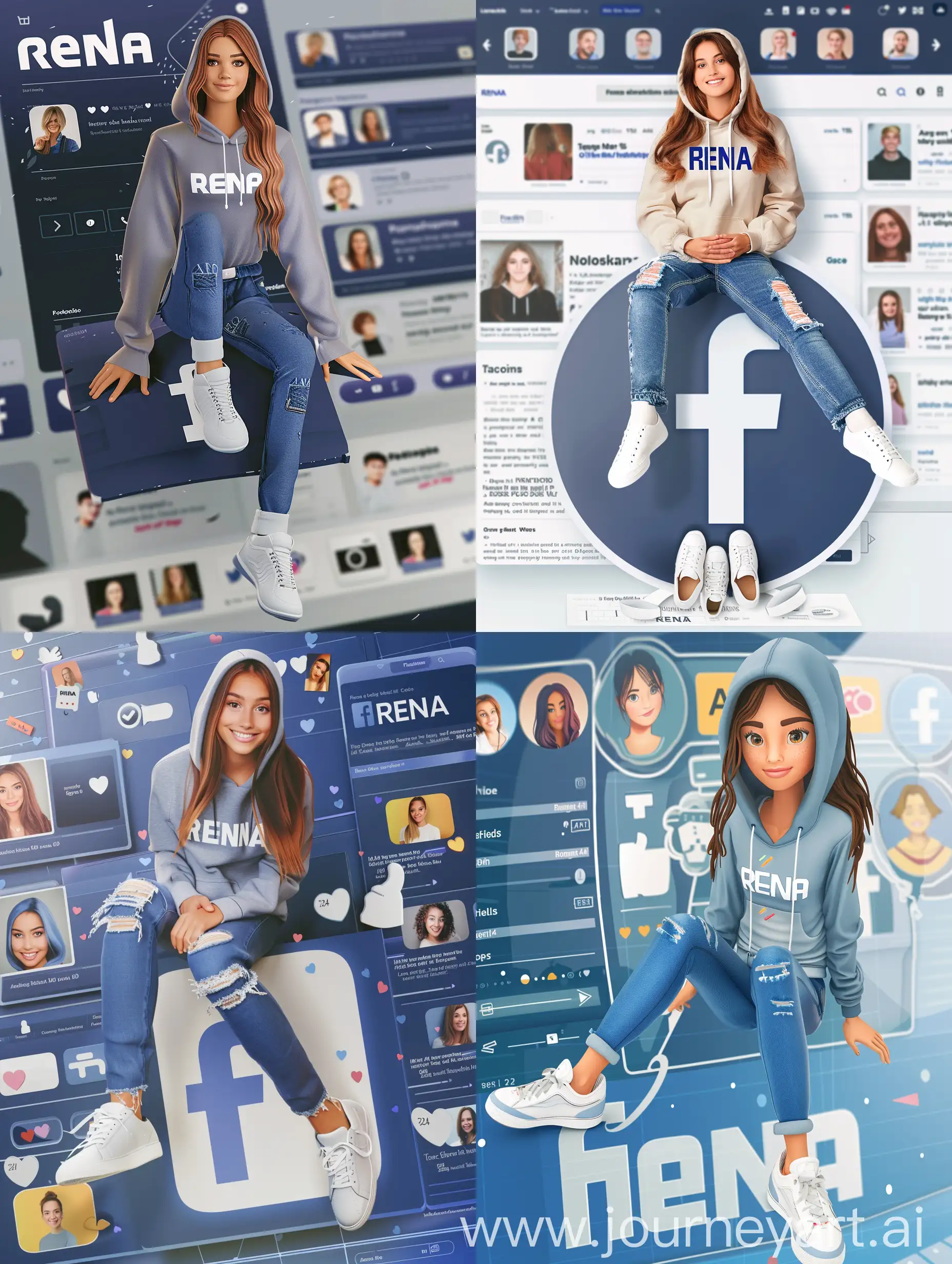 Create a realistic female human Character sitting on a social media logo with a friendly face wearing white sneakers, blue jeans, and a hoodie that says"RENA", superimposed over a social media page interface for Facebook. Various social media interface elements are visible including profile pictures, number of friends, and posts. The background of the image is a social media profile page with the username "RENA" and a corresponding profile picture.