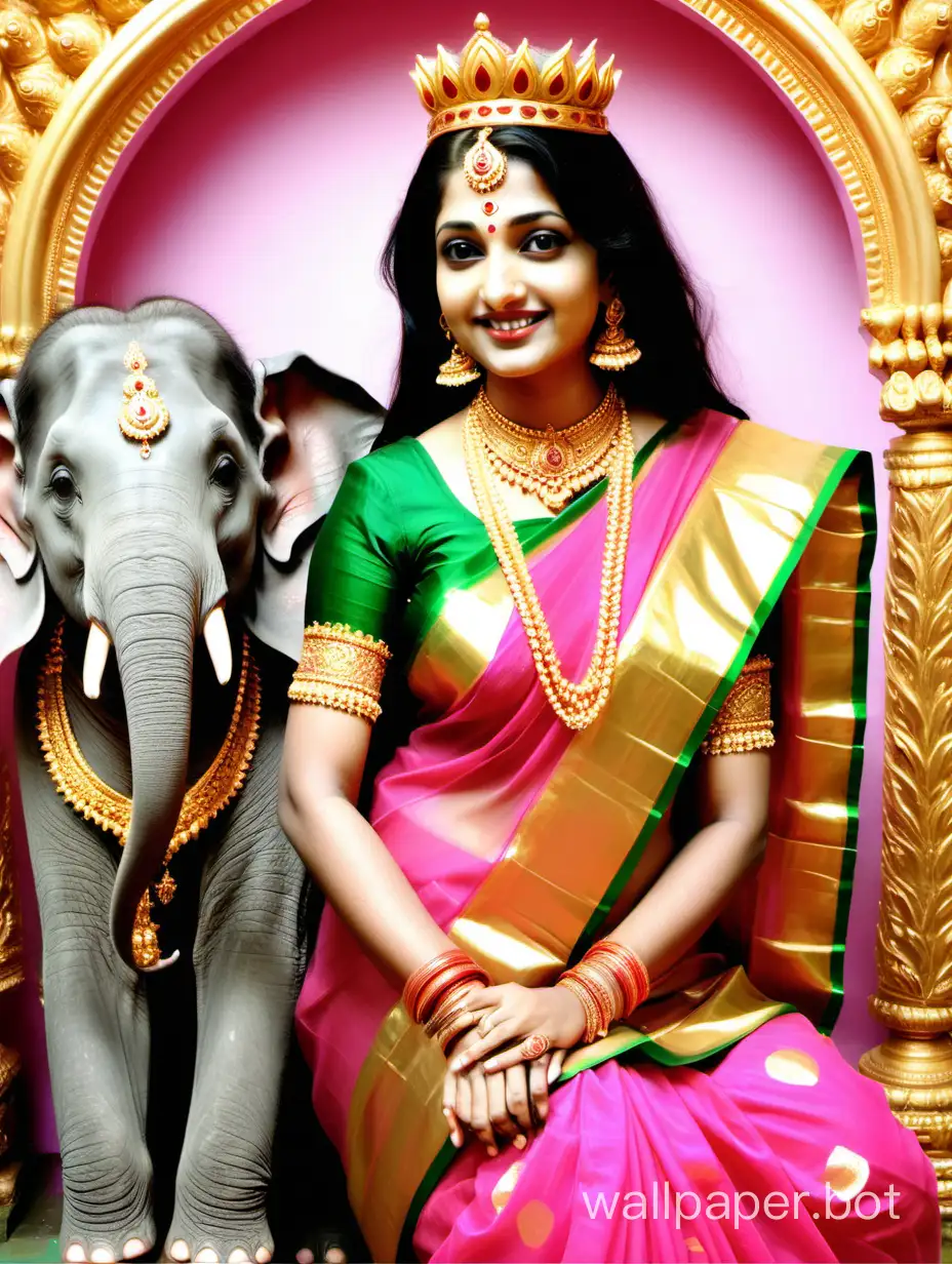 Mahalakshmi goddess, with 2 elephants on each side.. Mahalakshmi is looking divine with a gracious smile, her eyes are gracious,  sitting on lotus pink color with 1000 petals, she is wearing gold jewels and golden crown.. her hair is long black, she wears kanchi silk saree in rose color and border is green, cover the body hip side full with saree, face should he divine