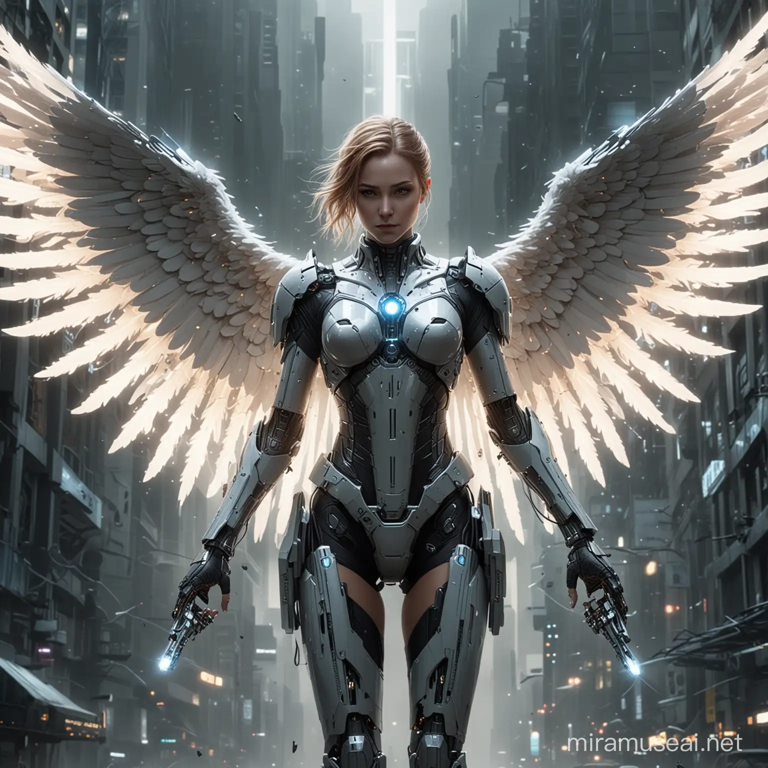 In a dystopian future, a lone angel with cybernetic enhancements fights against the oppressive forces of technology, her wings made of razor-sharp blades and her halo a glowing symbol of hope for the downtrodden masses.