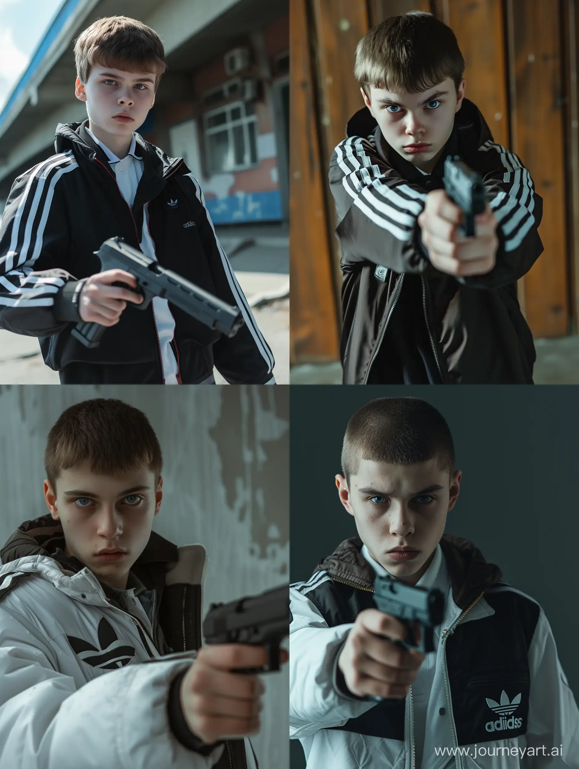 русский парень подросток, в школьной форме и ветровке адидас, с короткой стрижкой, волосы коричневого цвета, голубые глаза, в руках оружие
